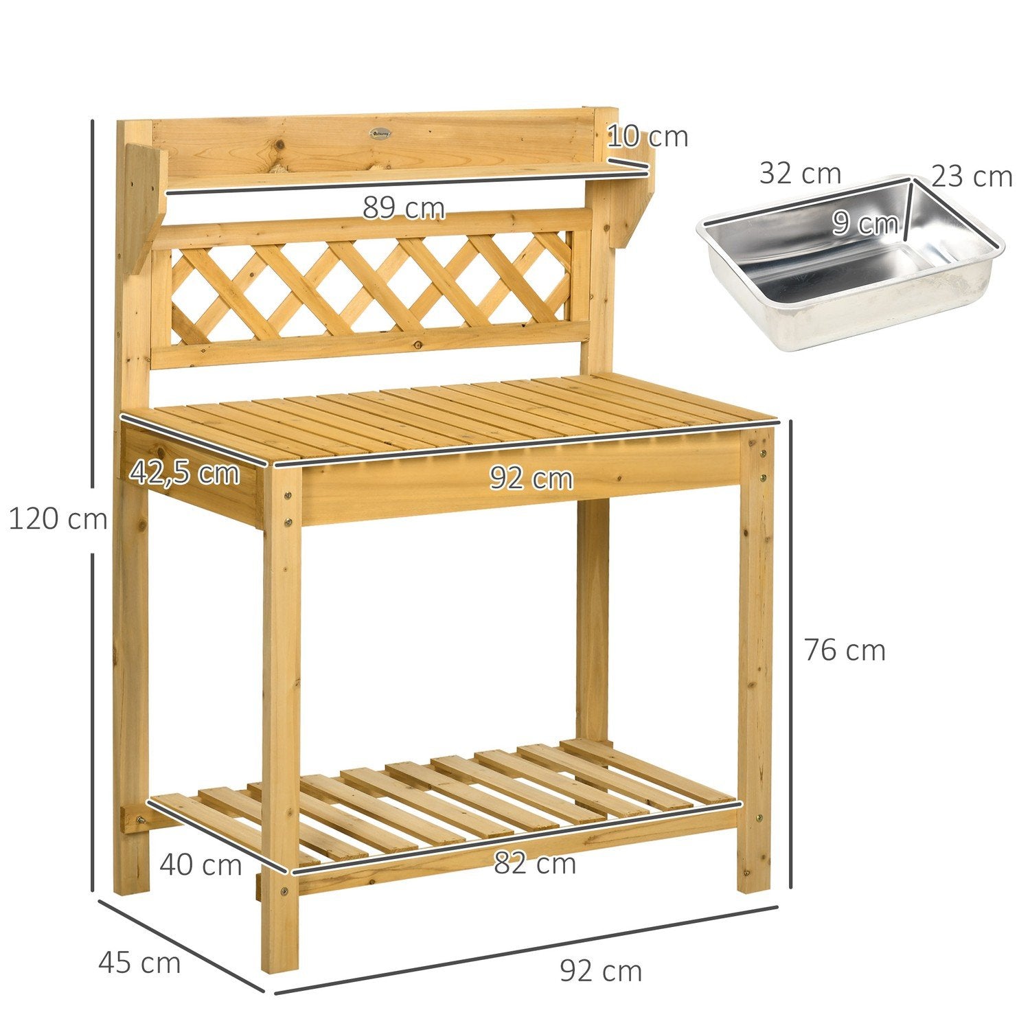 Plant Table Trädgårdsbord Med Utdragbar Bordsskiva & Diskbänk I Rostfritt Stål, 2 Förvaringsfack, Massivt Trä, Brunt, 92X45X120Cm