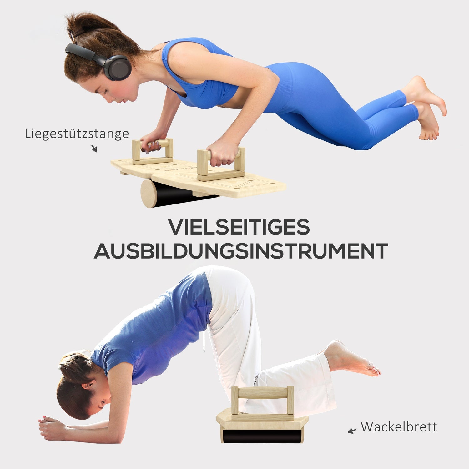 Push-up-stänger av trä med motståndsband, 11 övningar