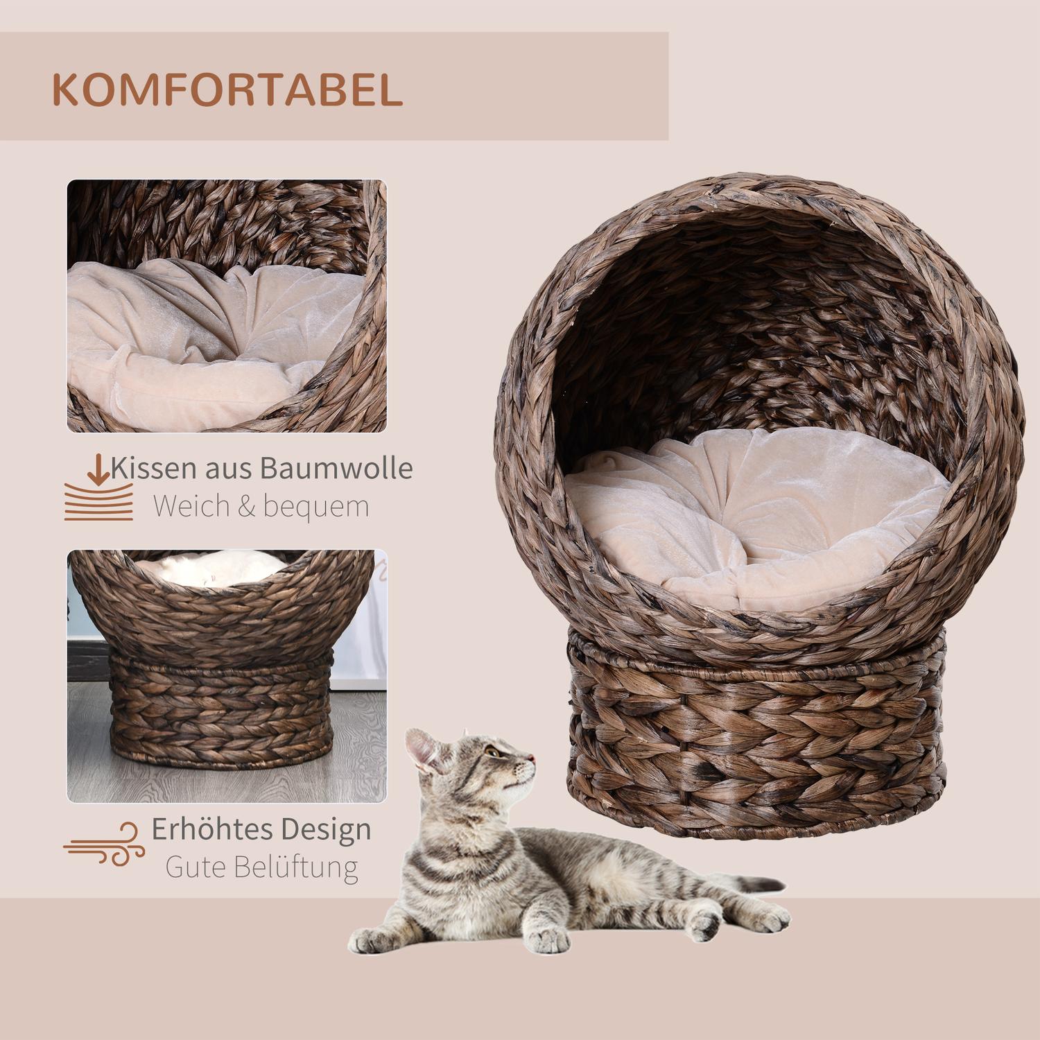 Rattan Cat Basket – Mysig vattenhyacintgrotta, mörkbrun