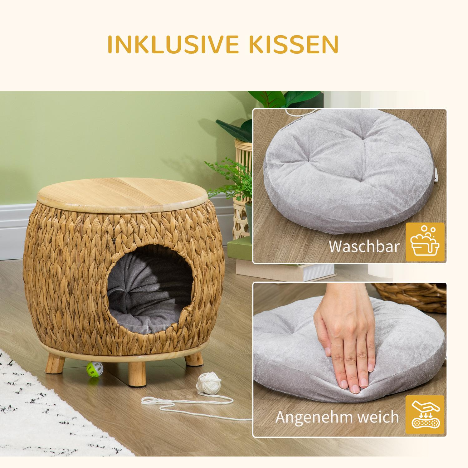 Rattan Cat Cave & Bed – 2-i-1 med kudde, 44x43x42cm