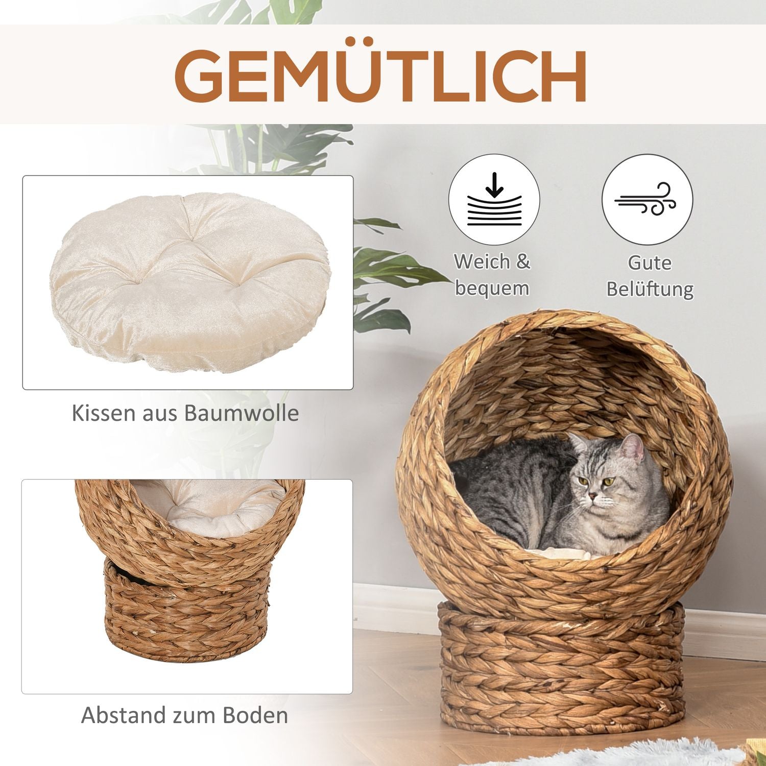Rattan Cat Cave Bed Med Kudde, Vattenhyacint, 50cm