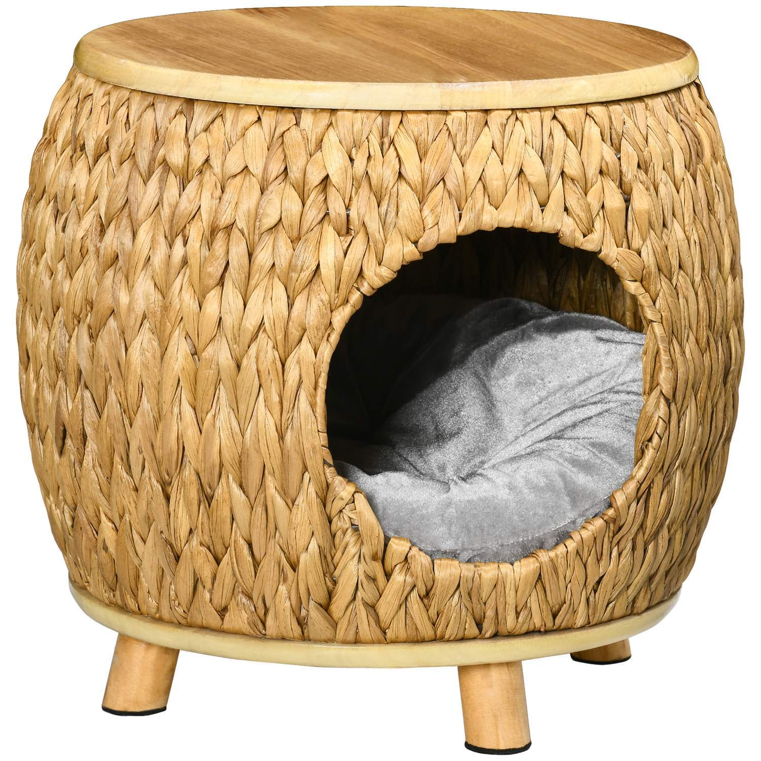 Rattan Cat Cave 2-I-1 Designkorg Med Kudde För Husdjurssäng Vattenhyacintgräs Paulownia Trä Ljusbrun + Grå 44 X 43 X 42 Cm