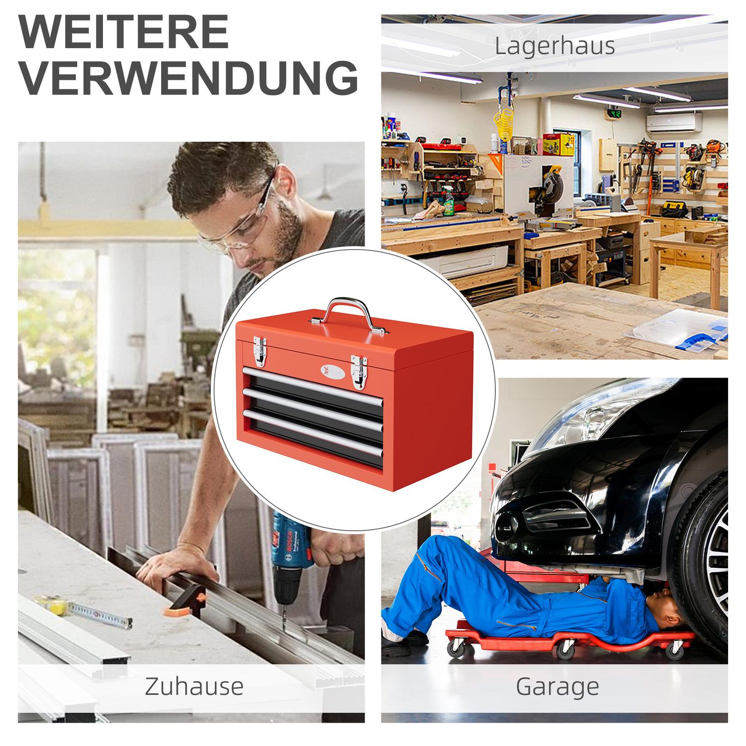 Röd stålverktygslåda med 3 lådor – 45 x 24 x 27 cm