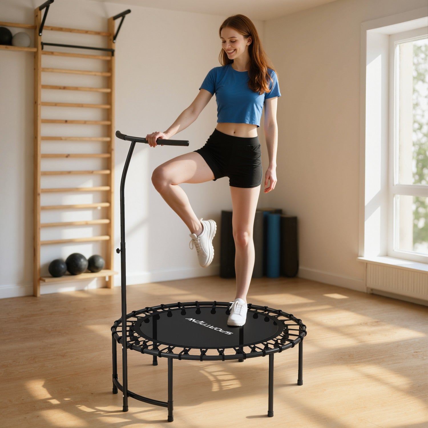 Rebounder-trampolin, justerbart handtag, svart