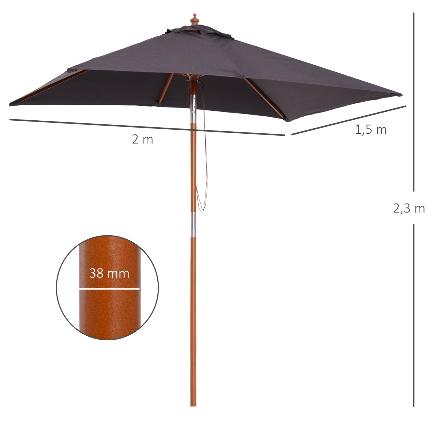 Parasoll Hopfällbart Trädgårdsparaply Av Granträ, Justerbart I 3 Nivåer, Mörkgrå, 200X150X230Cm