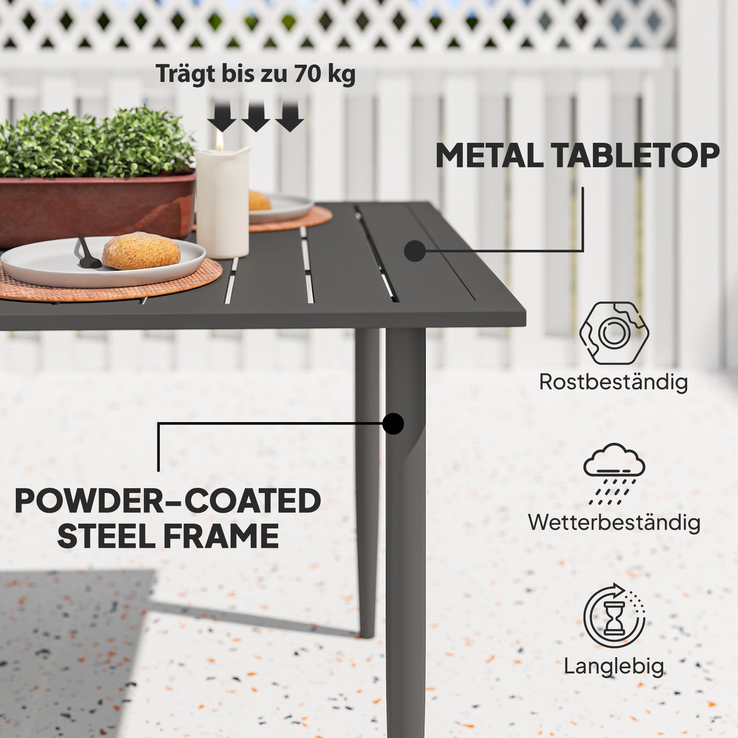 Rektangulärt Utomhusbord i stål, 150x90cm, Svart