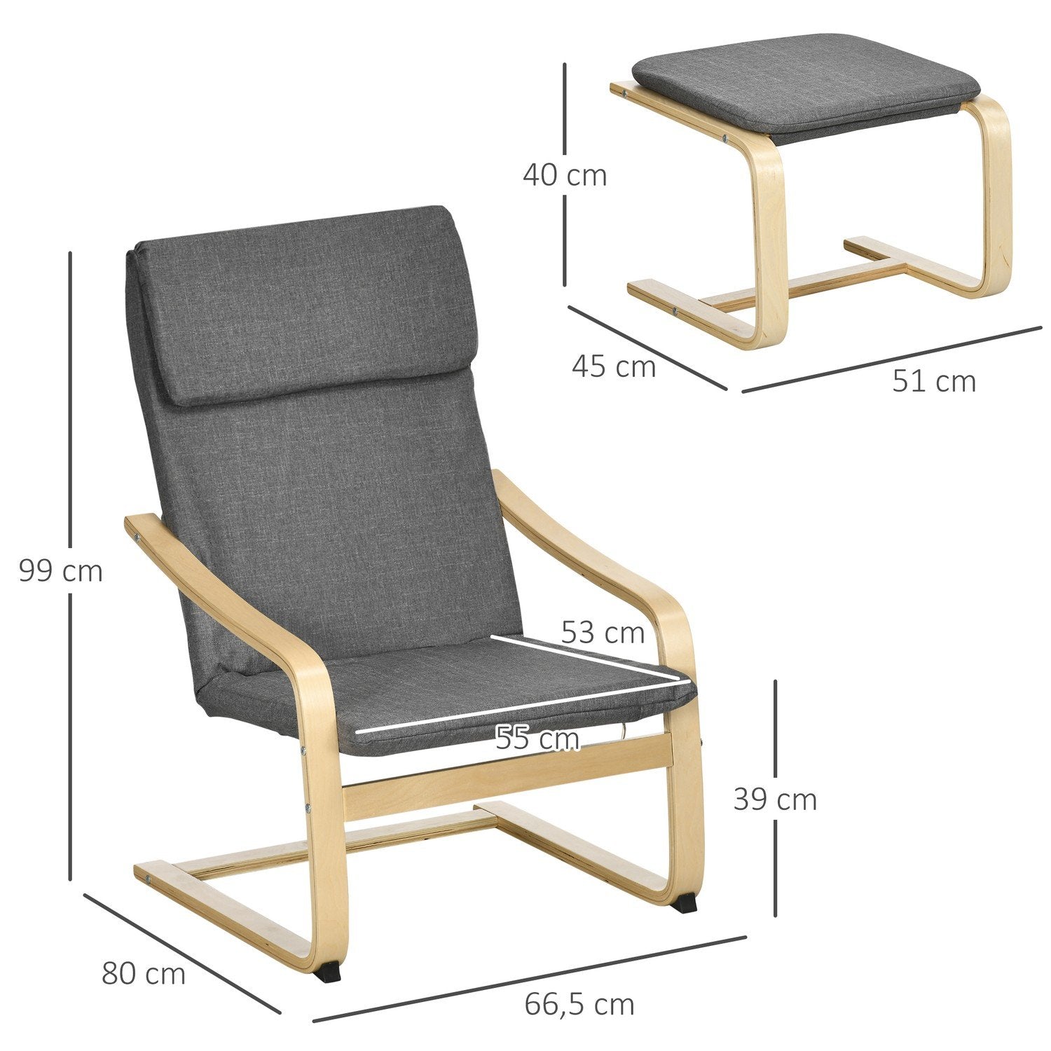 Relaxstol Med Fotpall Vingstol Med Pall, Armstöd, Linneöverdrag, Grå