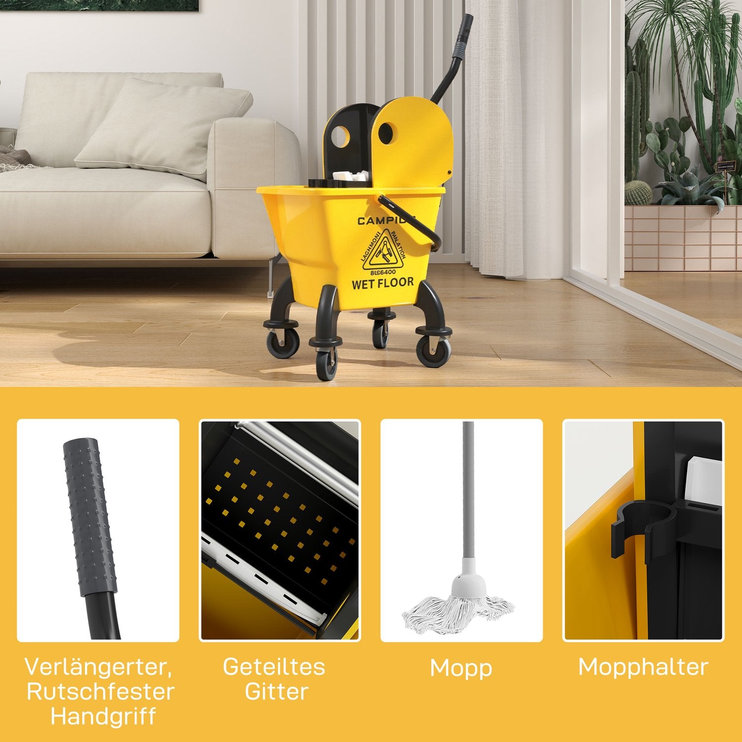 Rengöringsvagn med 26L hink & mopp – Gul