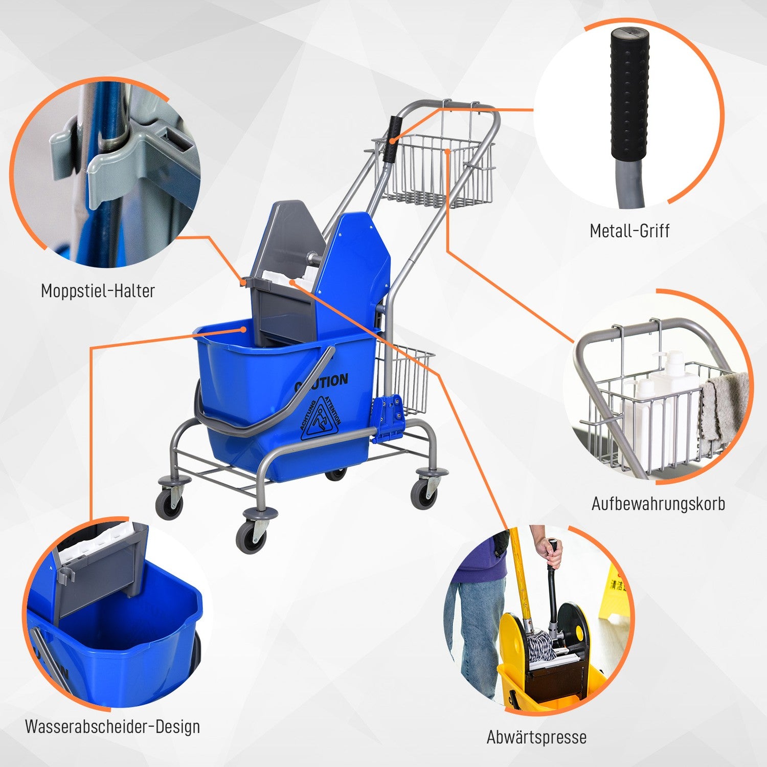 Rengöringsvagn med press, 26L hink + förvaringskorg