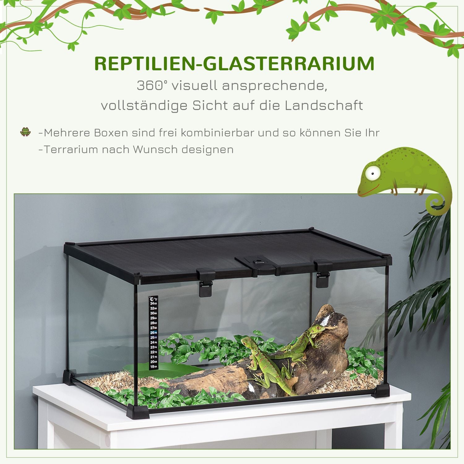 Reptilterrarium i glas med termometer, 50x30x25 cm