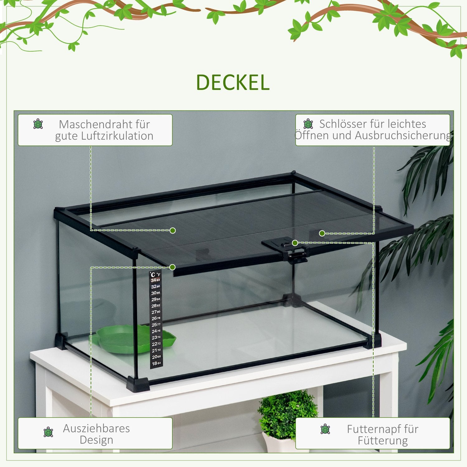 Reptilterrarium i glas med termometer, 50x30x25 cm