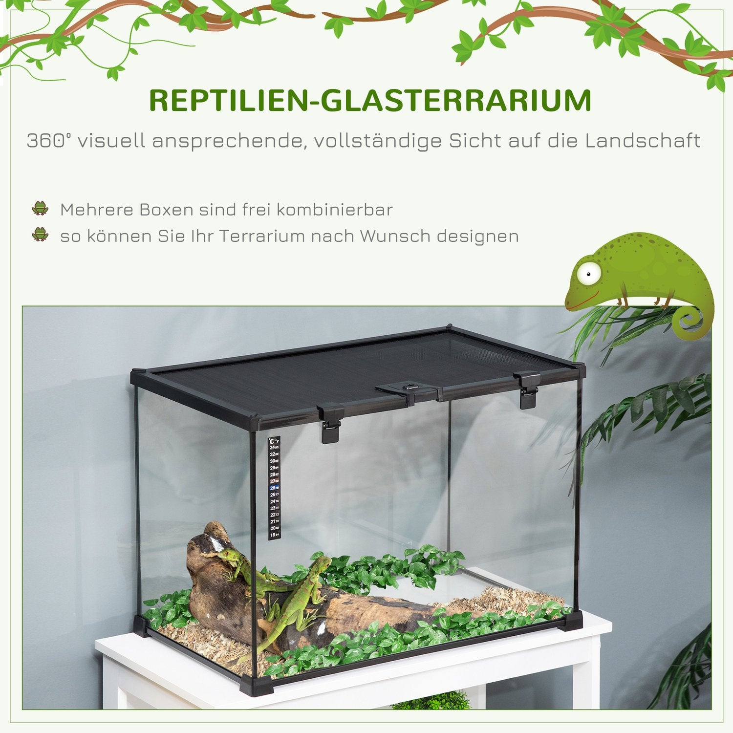 Reptilterrarium i glas med termometer, 50x30x35cm