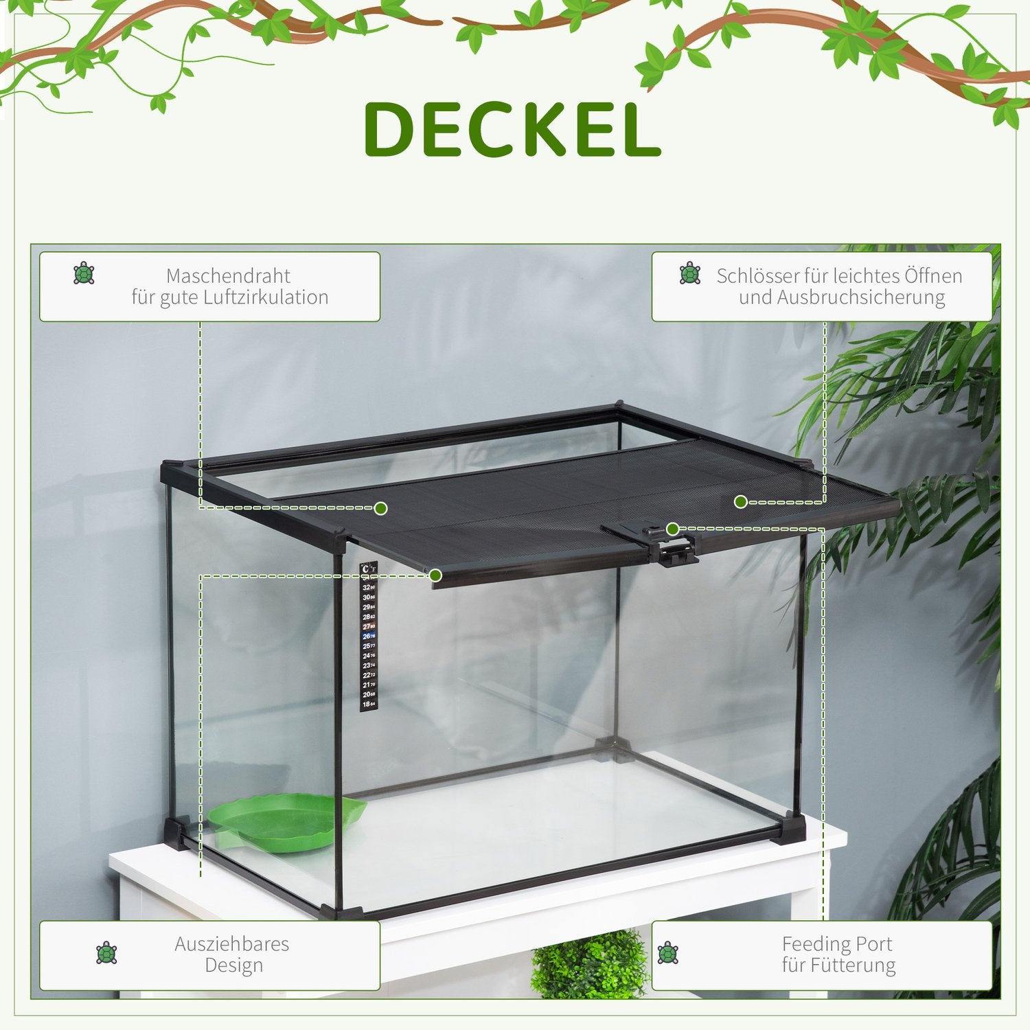 Reptilterrarium i glas med termometer, 50x30x35cm