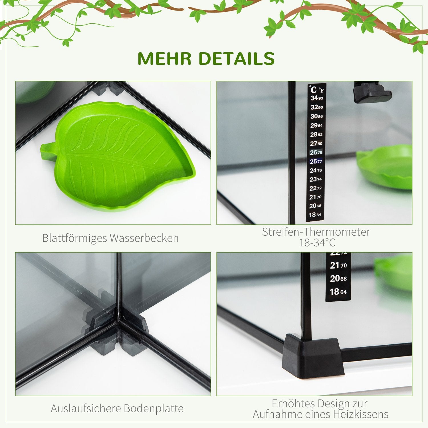 Reptilterrarium i glas med termometer, 50x30x35cm