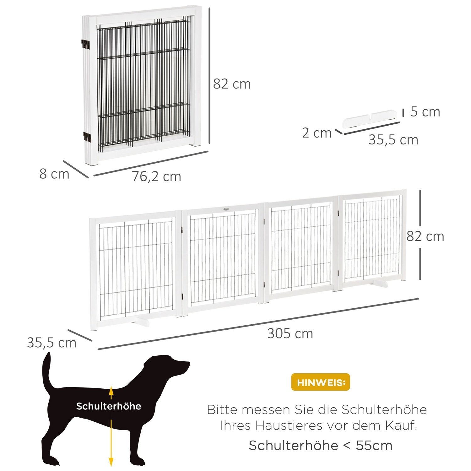 Dörr Säkerhetsgrind Träbarriär För Hundar Skyddsport Hundport Säkerhetsdörr Dubbelriktad Hopfällbar Stål Vit 305 X 35,5 X 82 Cm