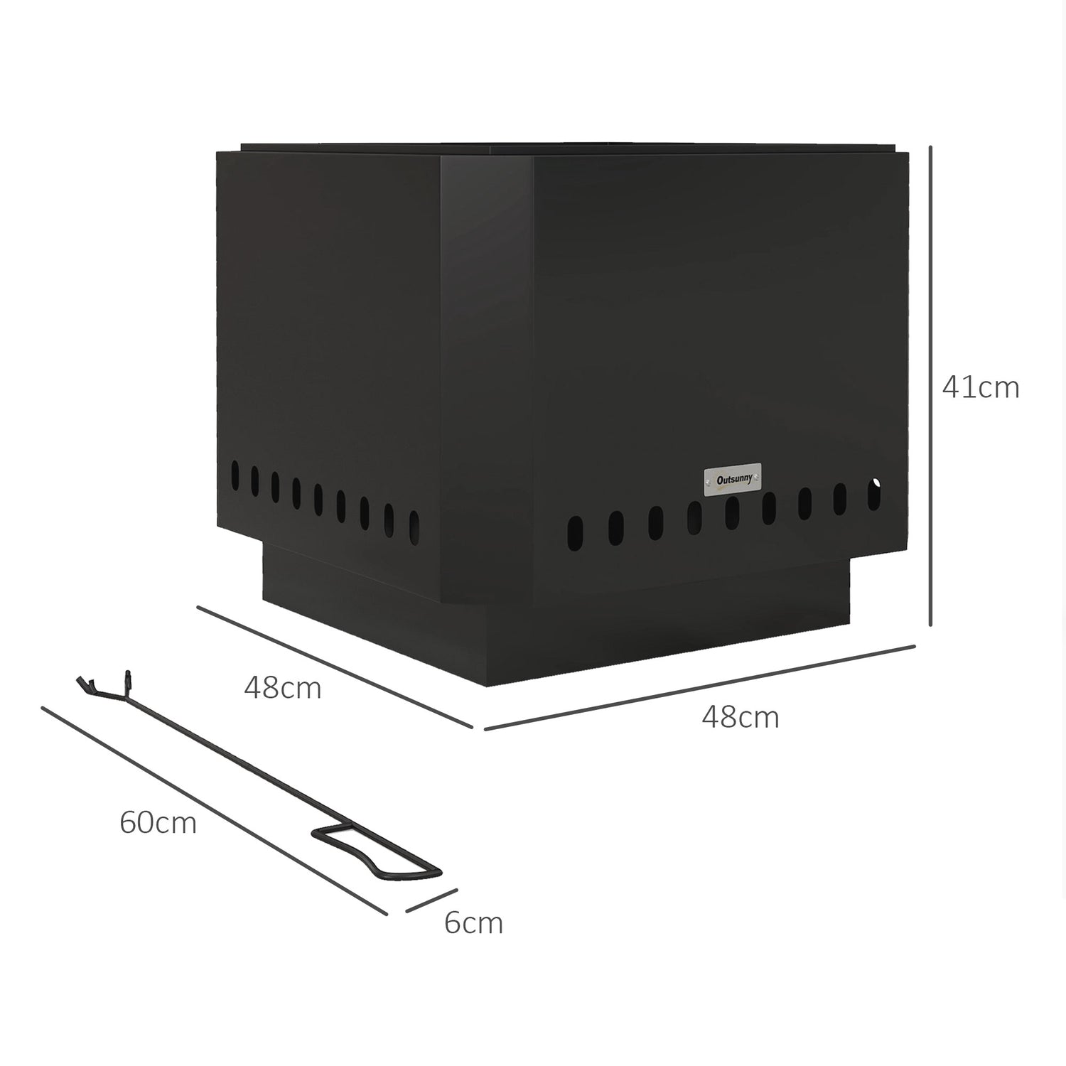 Rökfri fyrkantig eldstad, svart metall, med pokerverktyg