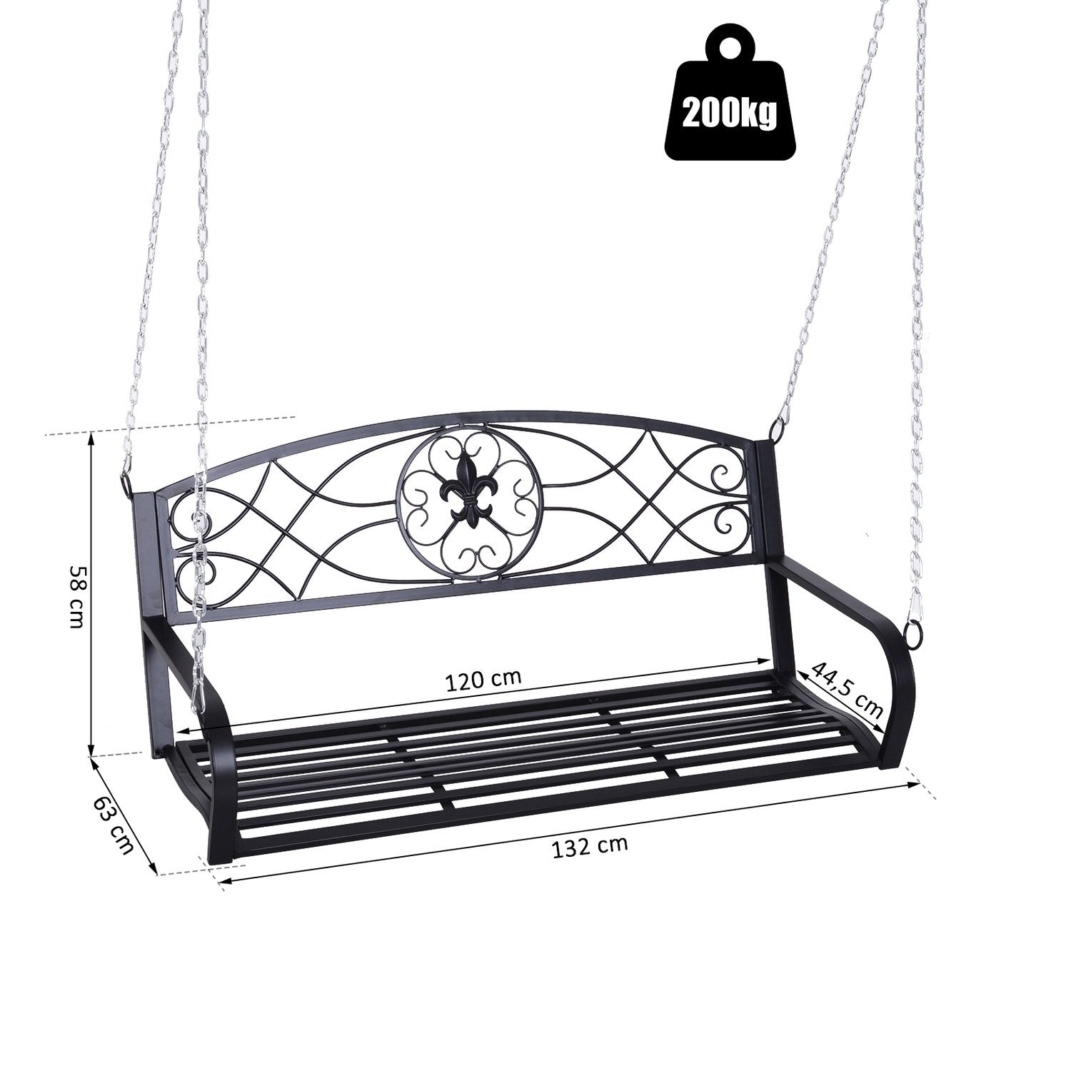 Hollywood Swing Väderbeständig Trädgårdsgunga Hängbänk 2-Sits Gungbänk Med Kedjor Metall Svart 132 X 63 X 58 Cm