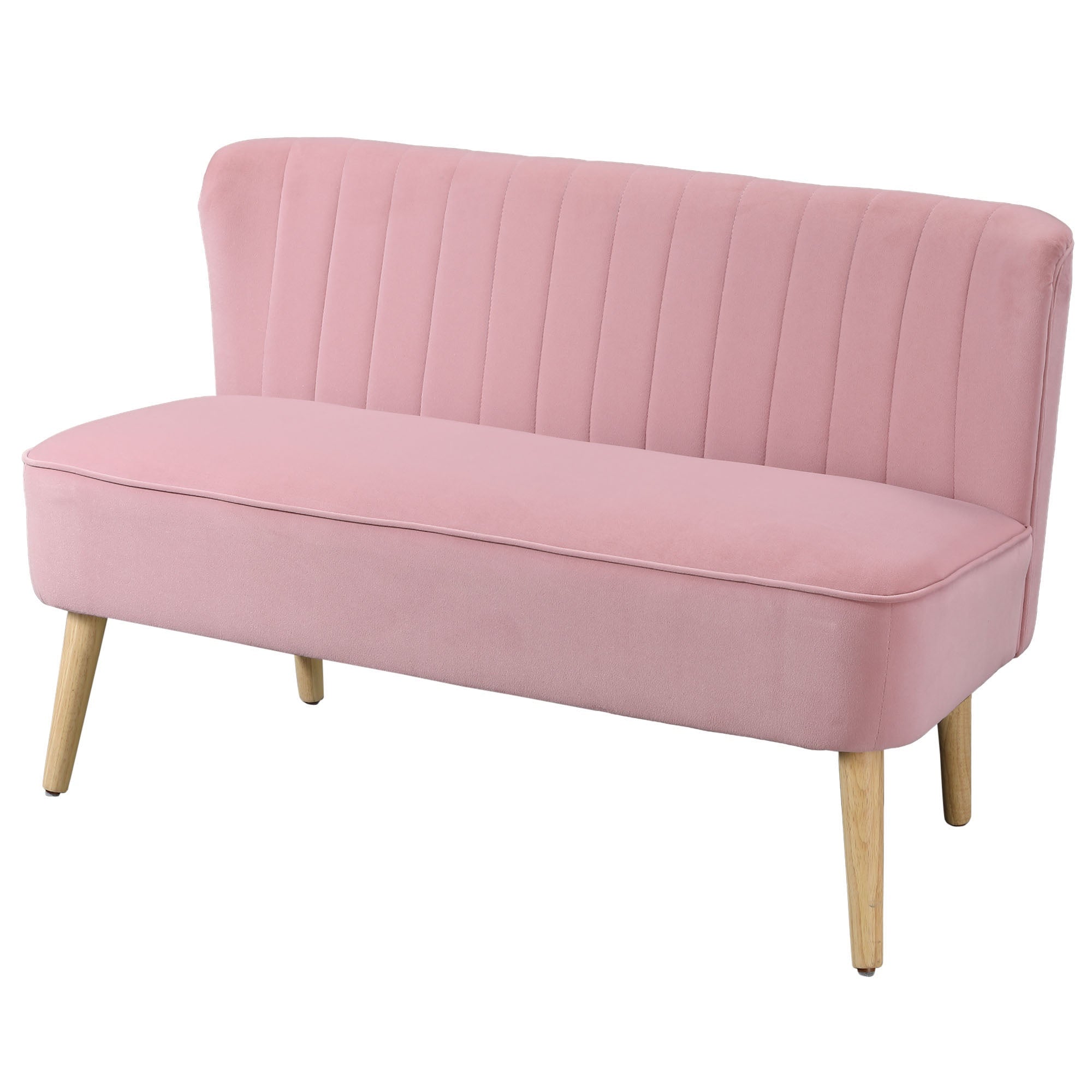 Roze tweezitsbank van stof met houten poten