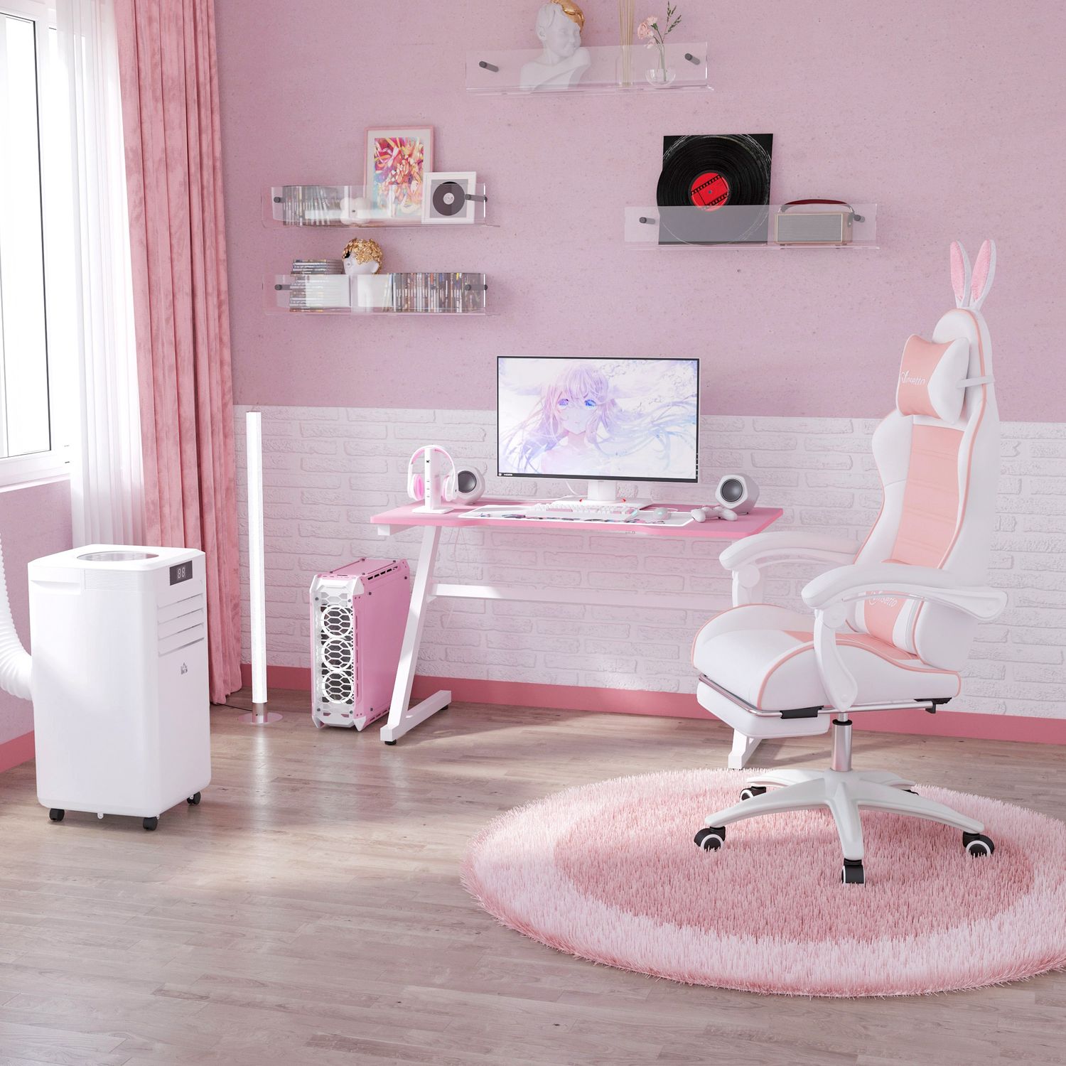 Roze ergonomische gamingstoel met lendensteun en voetensteun