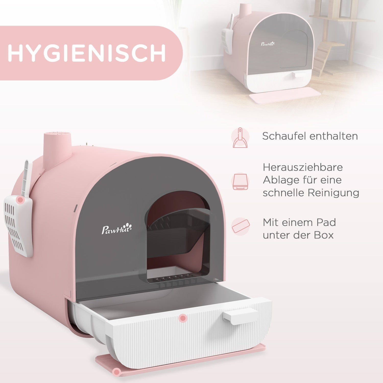 Rosa kattsandlåda med utdragbar bricka och matta, 5 kg kapacitet