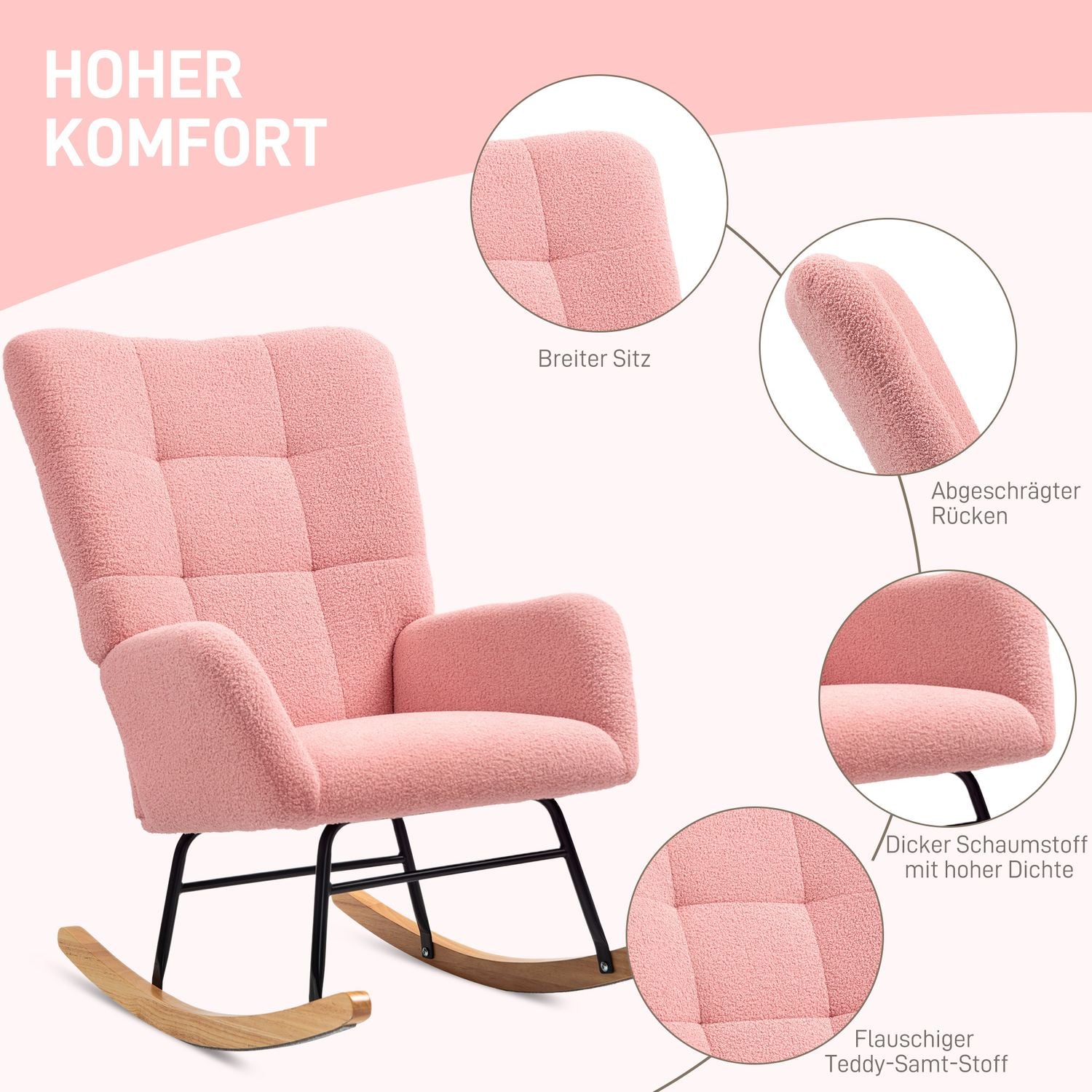 Rosa sammetsgungstol med armstöd – träbas