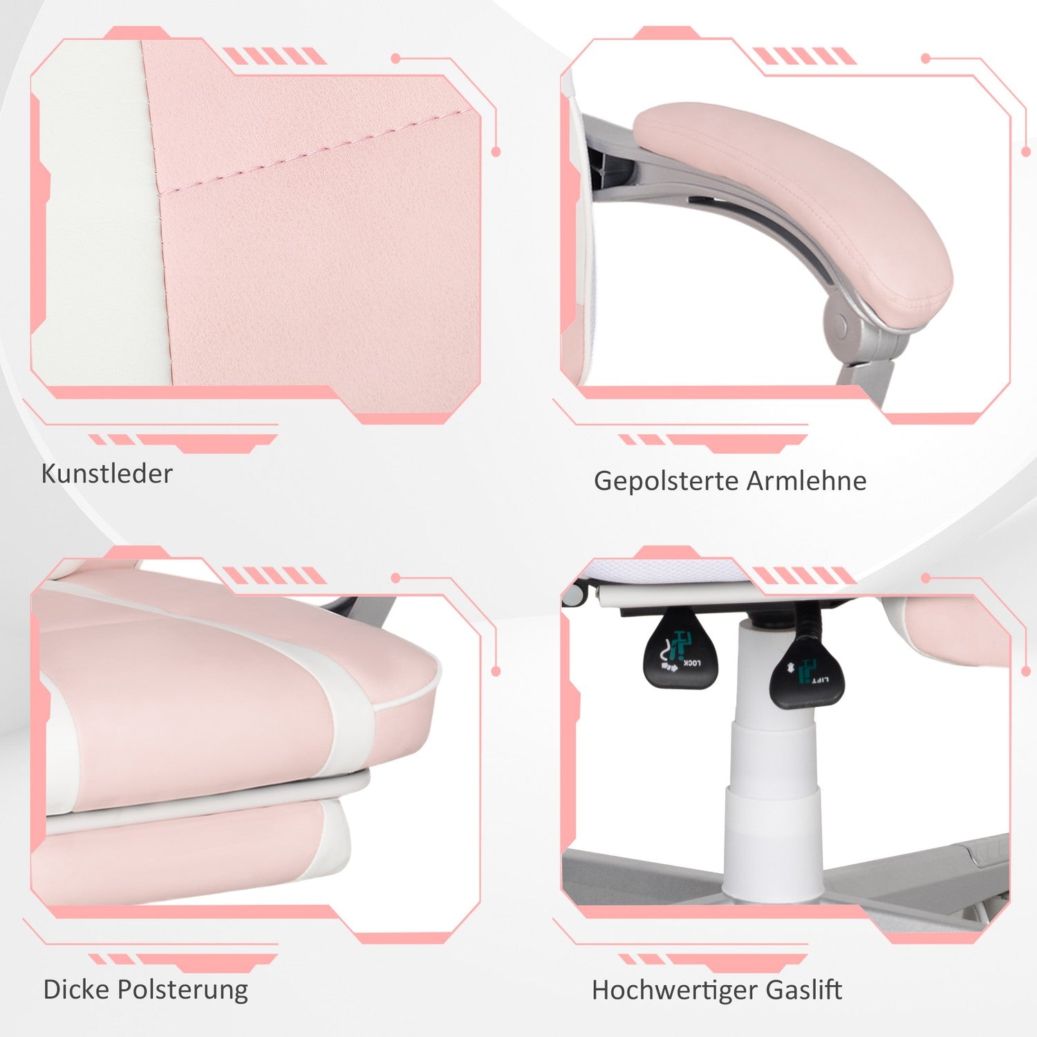 Rosa spelstol med fotstöd och justerbara kuddar