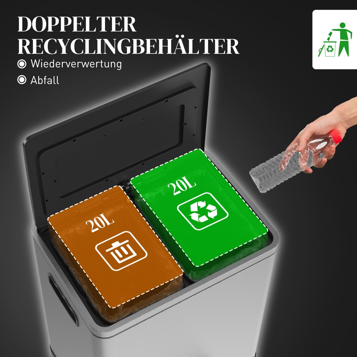 Rostfritt stålsoptunna 40L – Dubbla mjukstängande fack