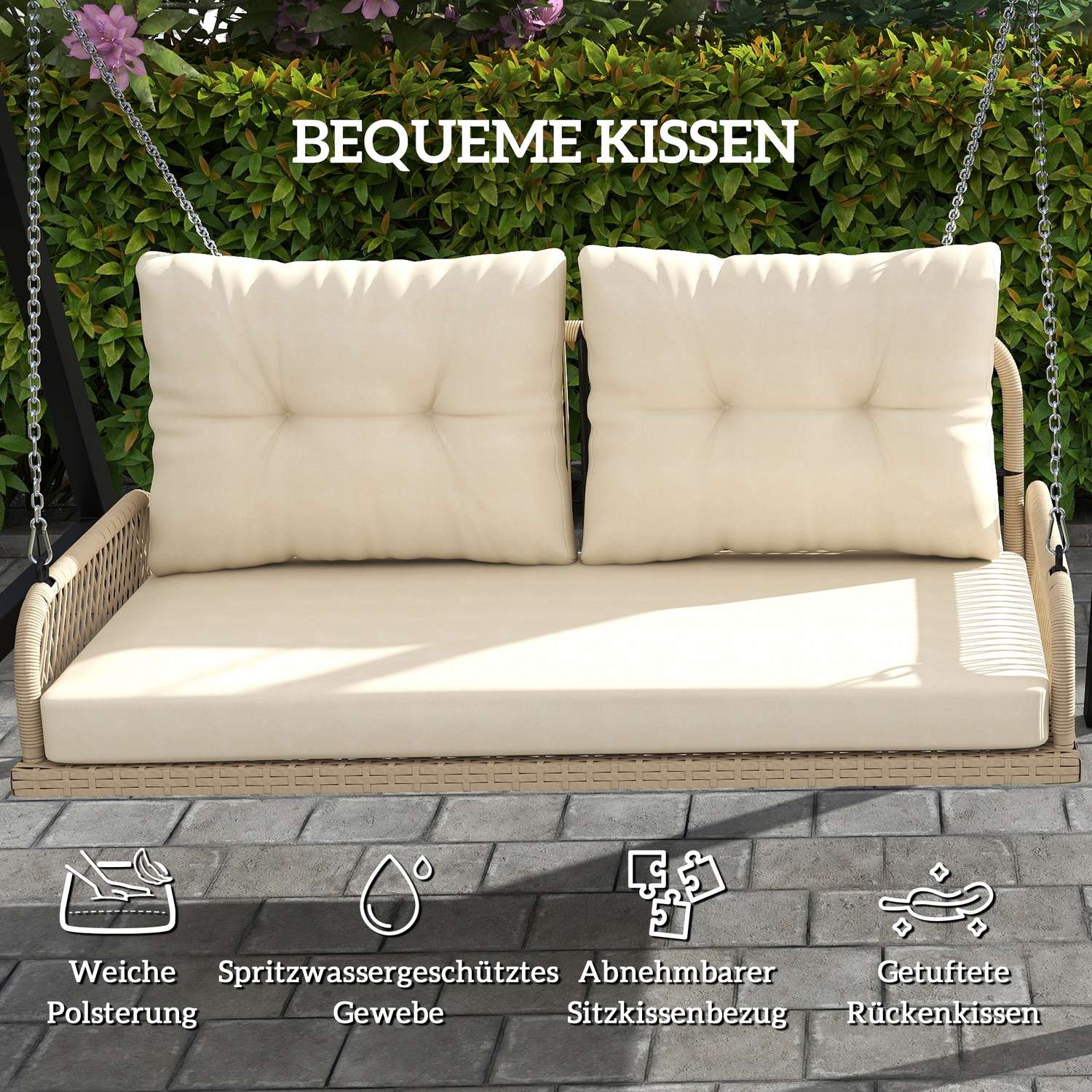 Rotting 2-sits trädgårdsgunga med kuddar, beige