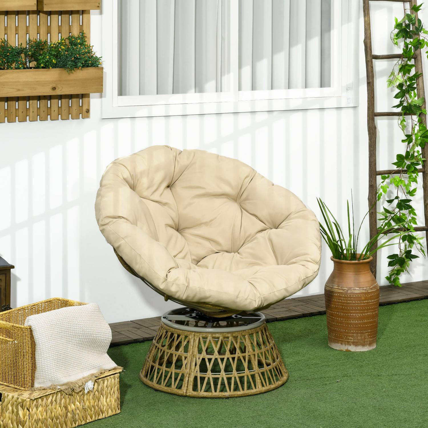 Rotting Rotting Papasan Stol med Dyna – Khaki, 360° justerbar