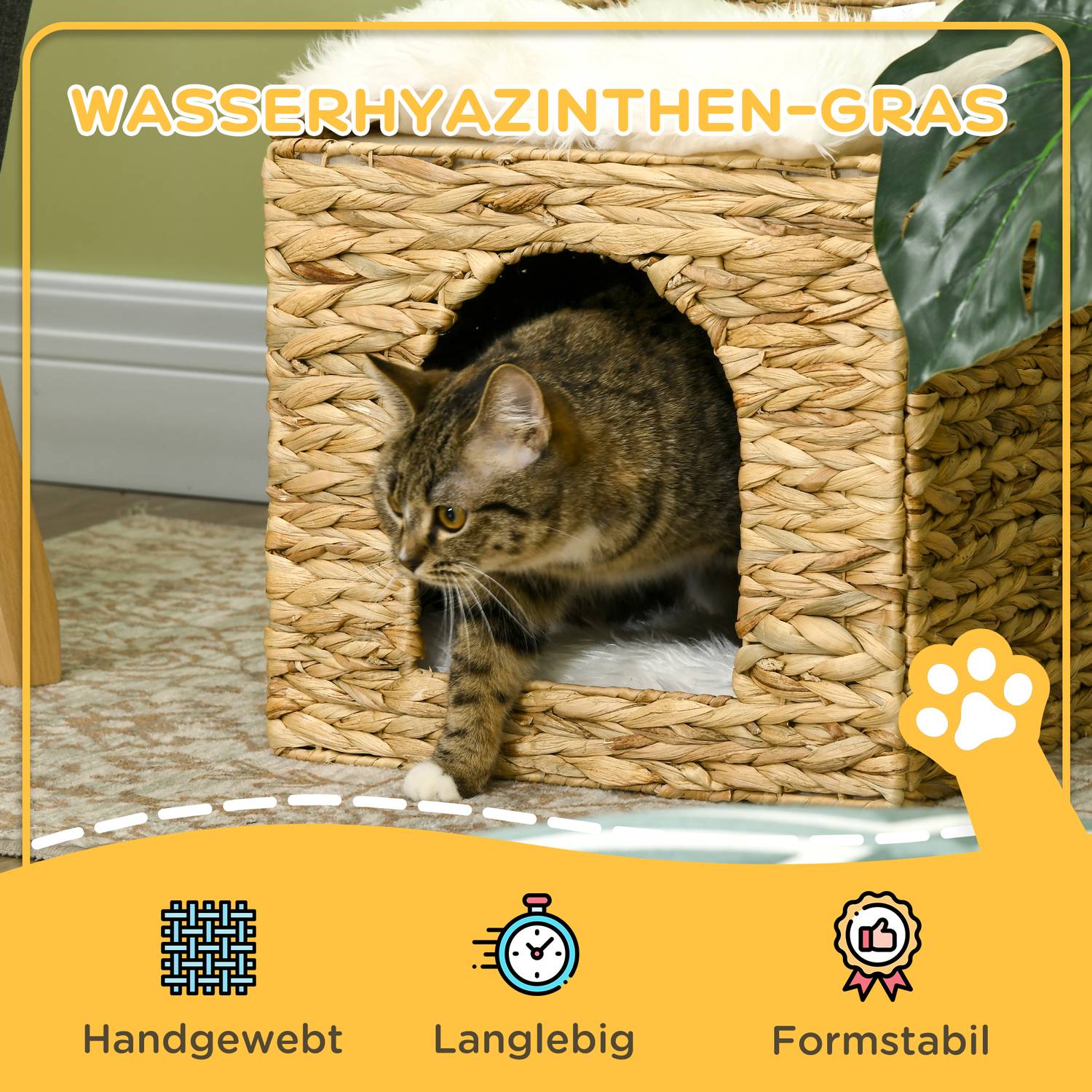 Rottingkattgrotta med kudde, 2 nivåer för katter upp till 5 kg