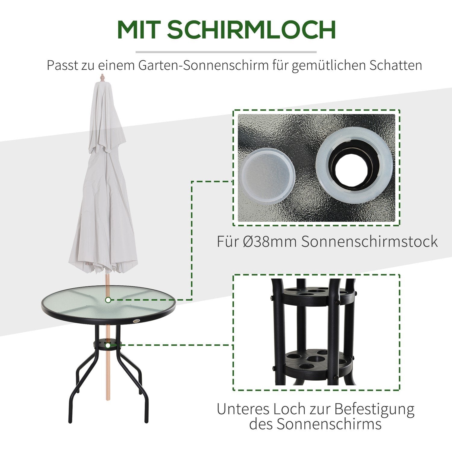 Trädgårdsbord, Balkongbord, Bistrobord Med Paraplyhål, Härdat Glas + Metall, Svart, Diameter 80 X 72 Cm