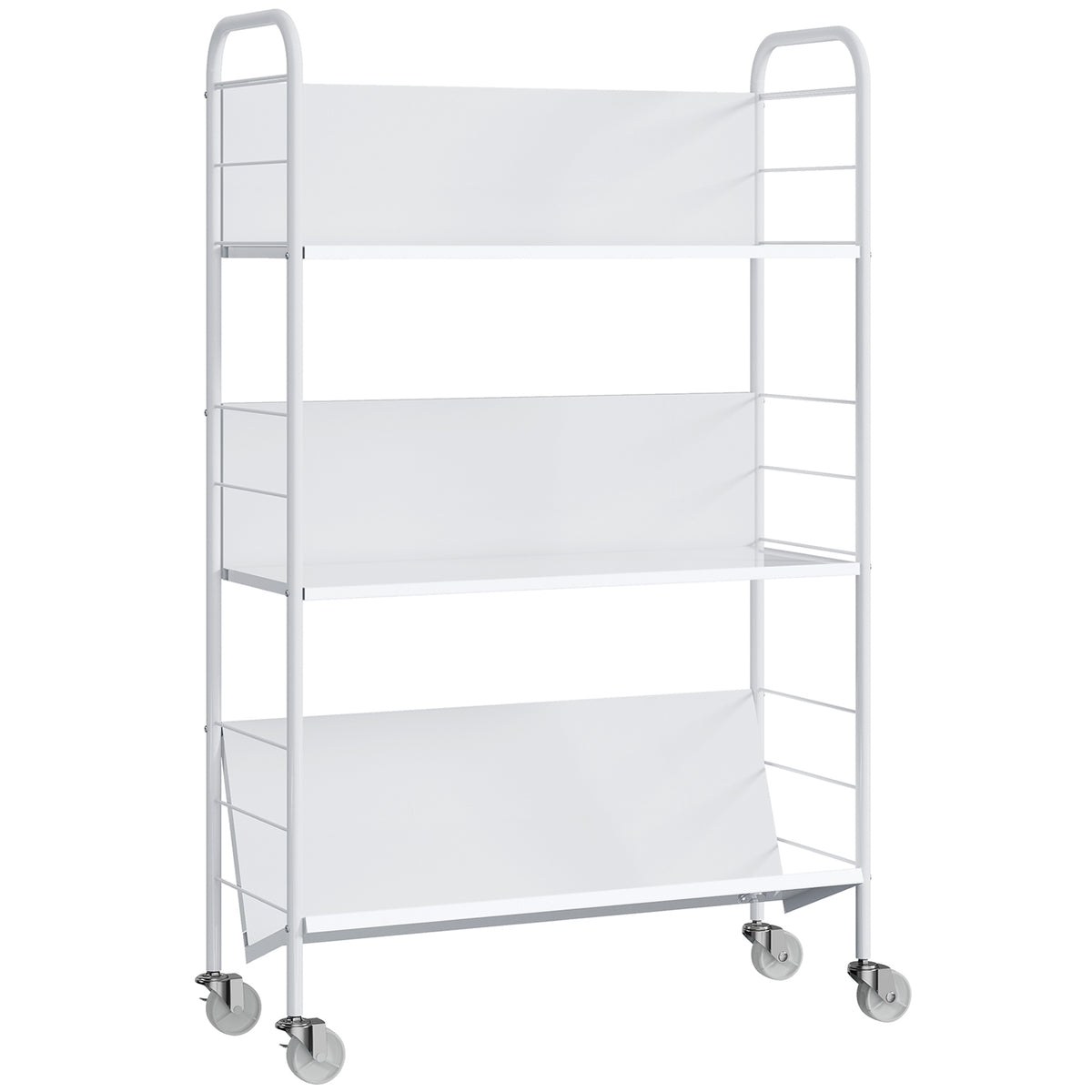 Rijdende metalen boekenkast met 3 niveaus, 69 x 26 x 108 cm, wit