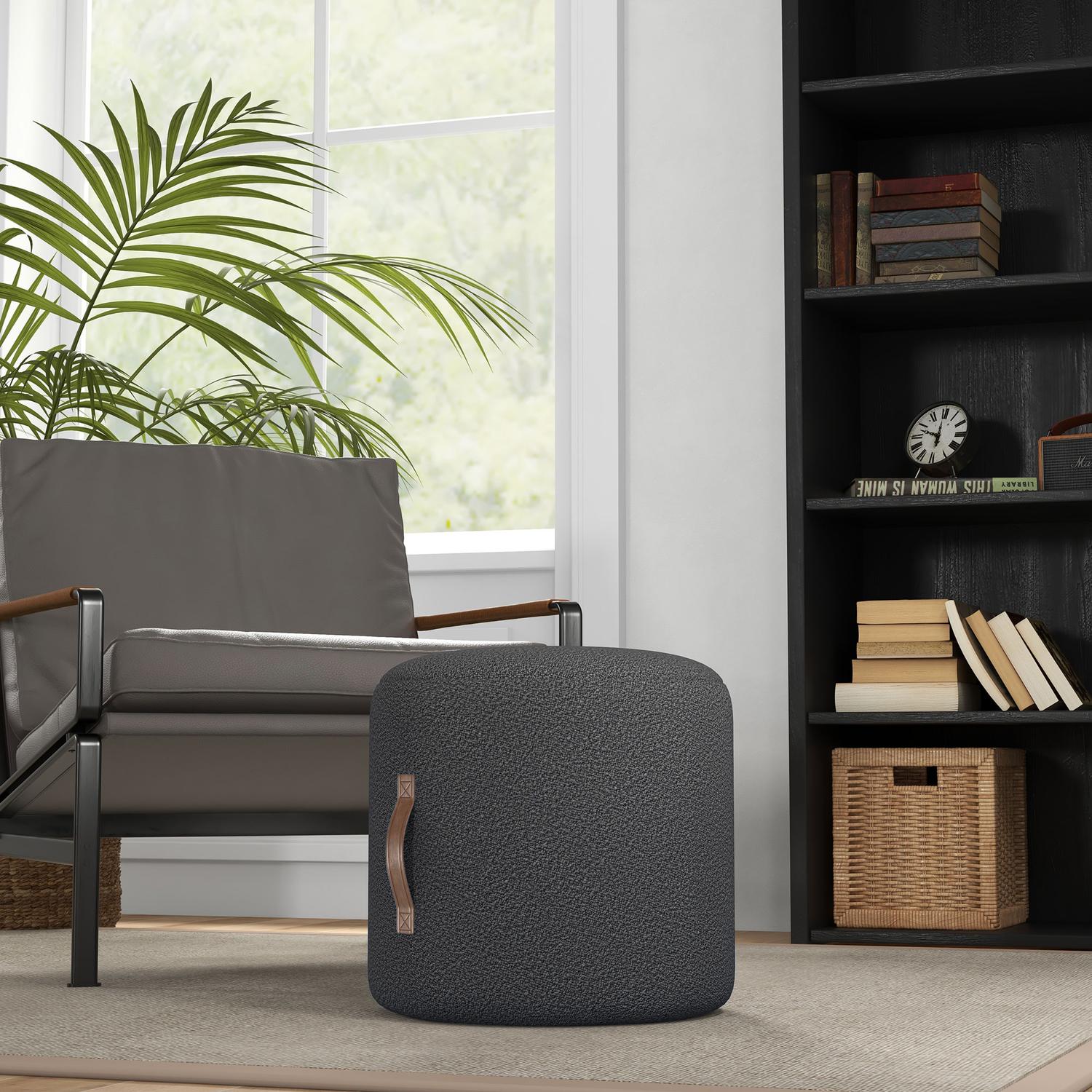 Rund mörkgrå fotpall, ottomansk med handtag – Ø48x45 cm