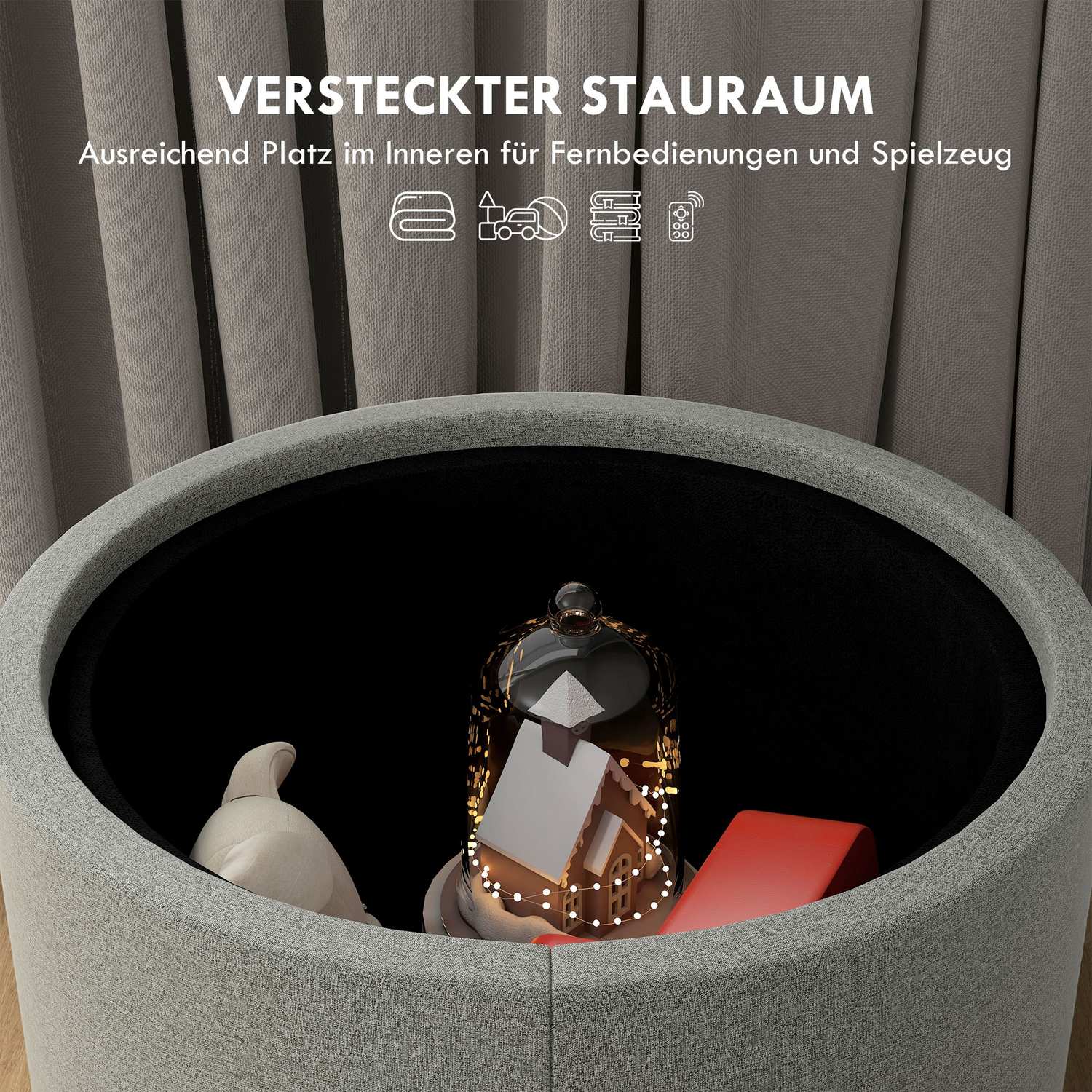 Rund ottomansk pall med förvaring, grå linne – Ø56 x 42 cm