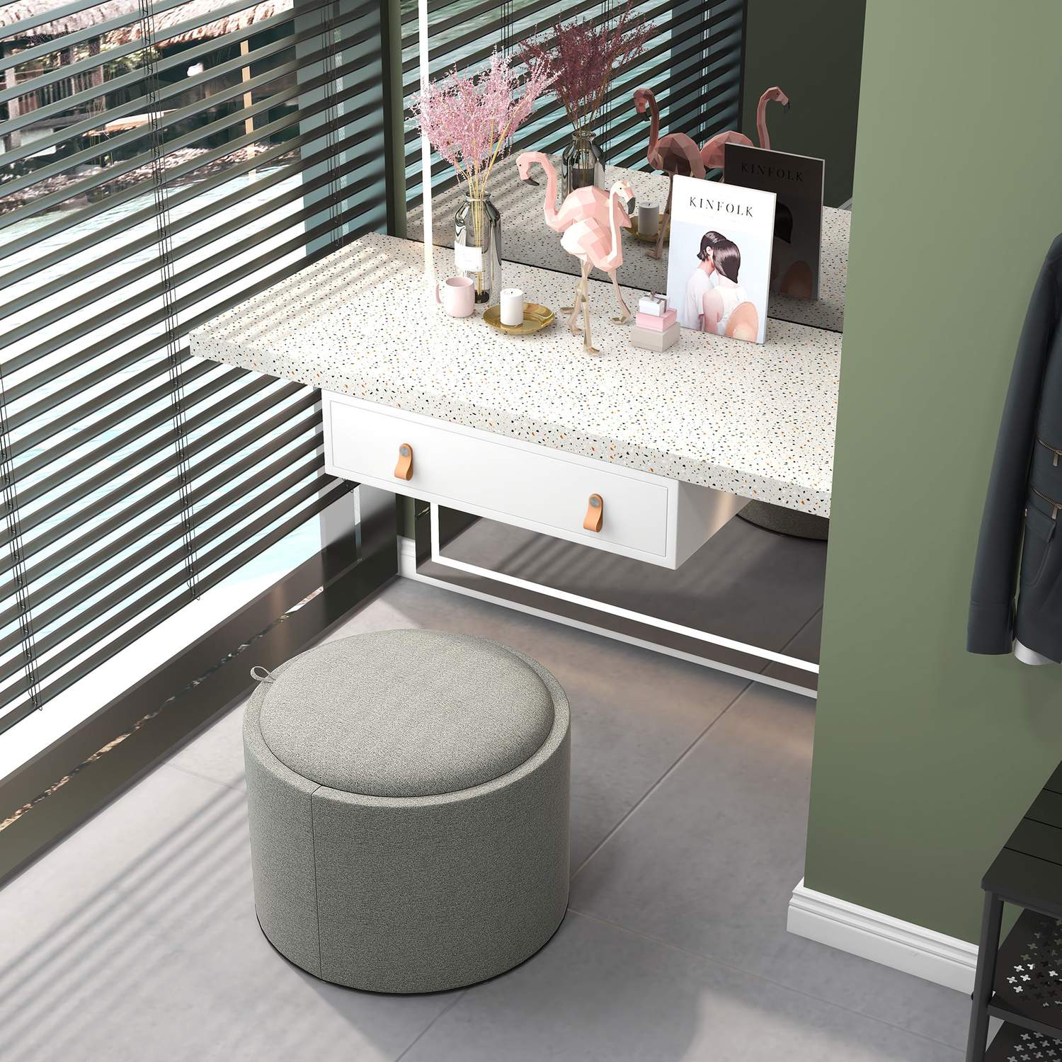 Rund ottomansk pall med förvaring, grå linne – Ø56 x 42 cm