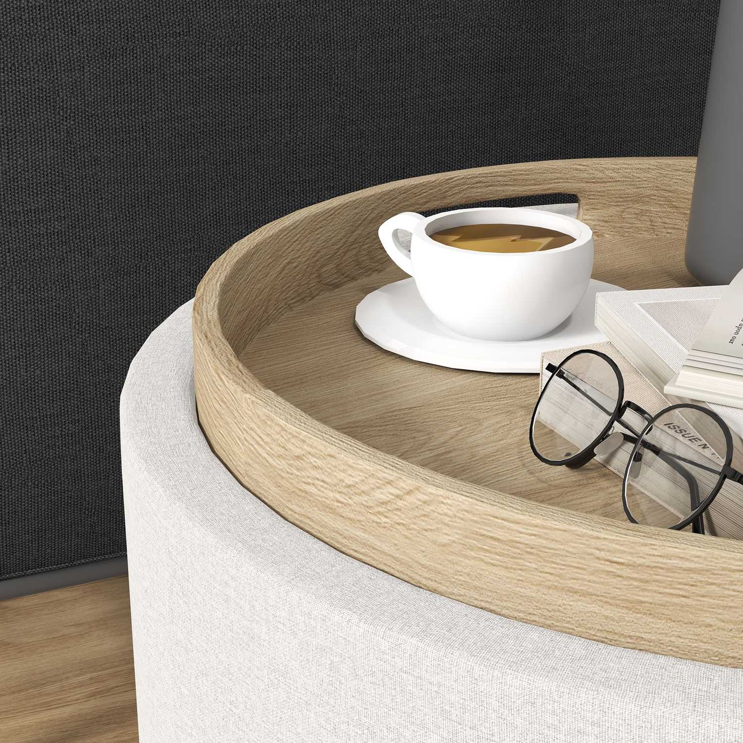 Rund ottomansk pall med förvaring, linnelook, kräm