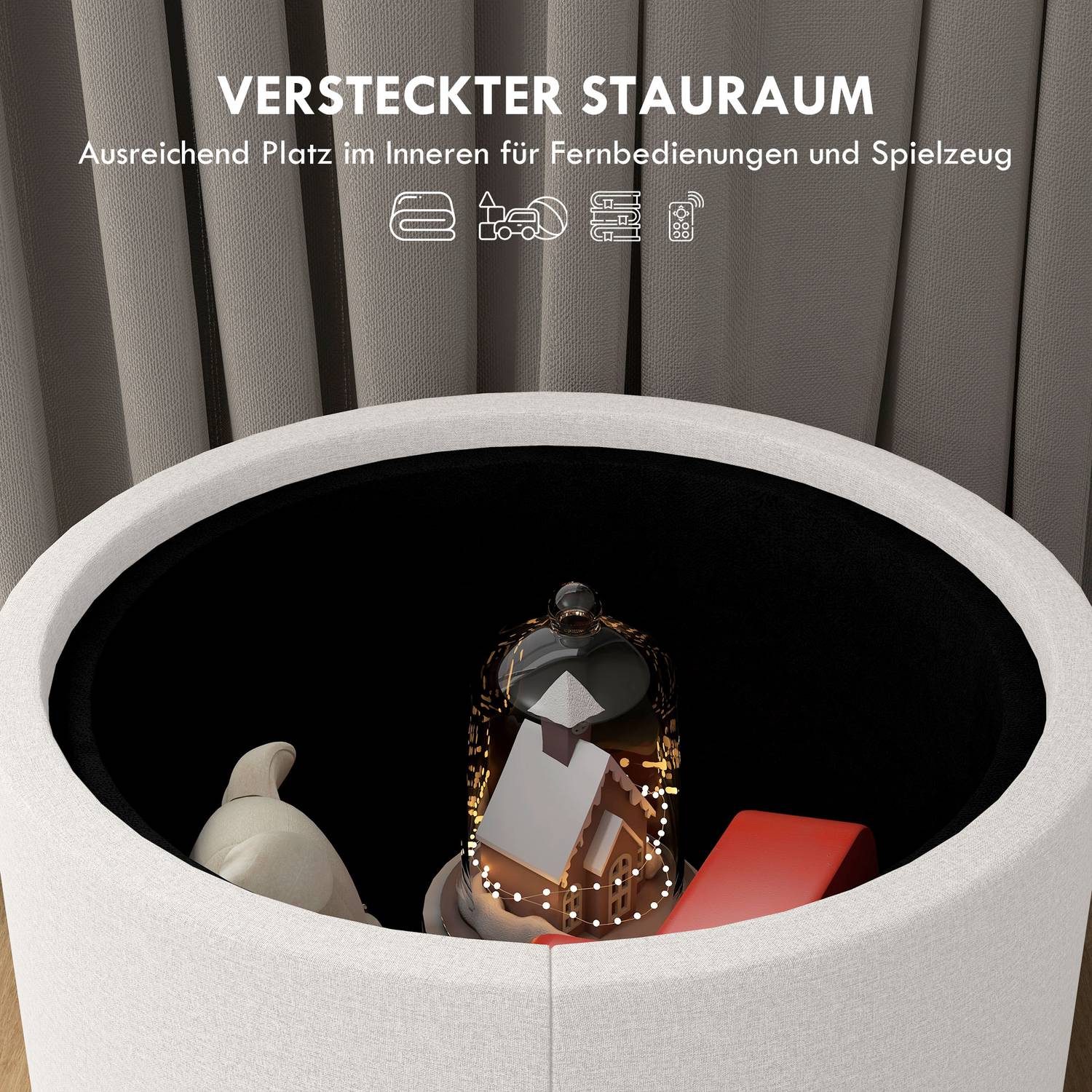 Rund ottomansk pall med förvaring, linnelook, kräm