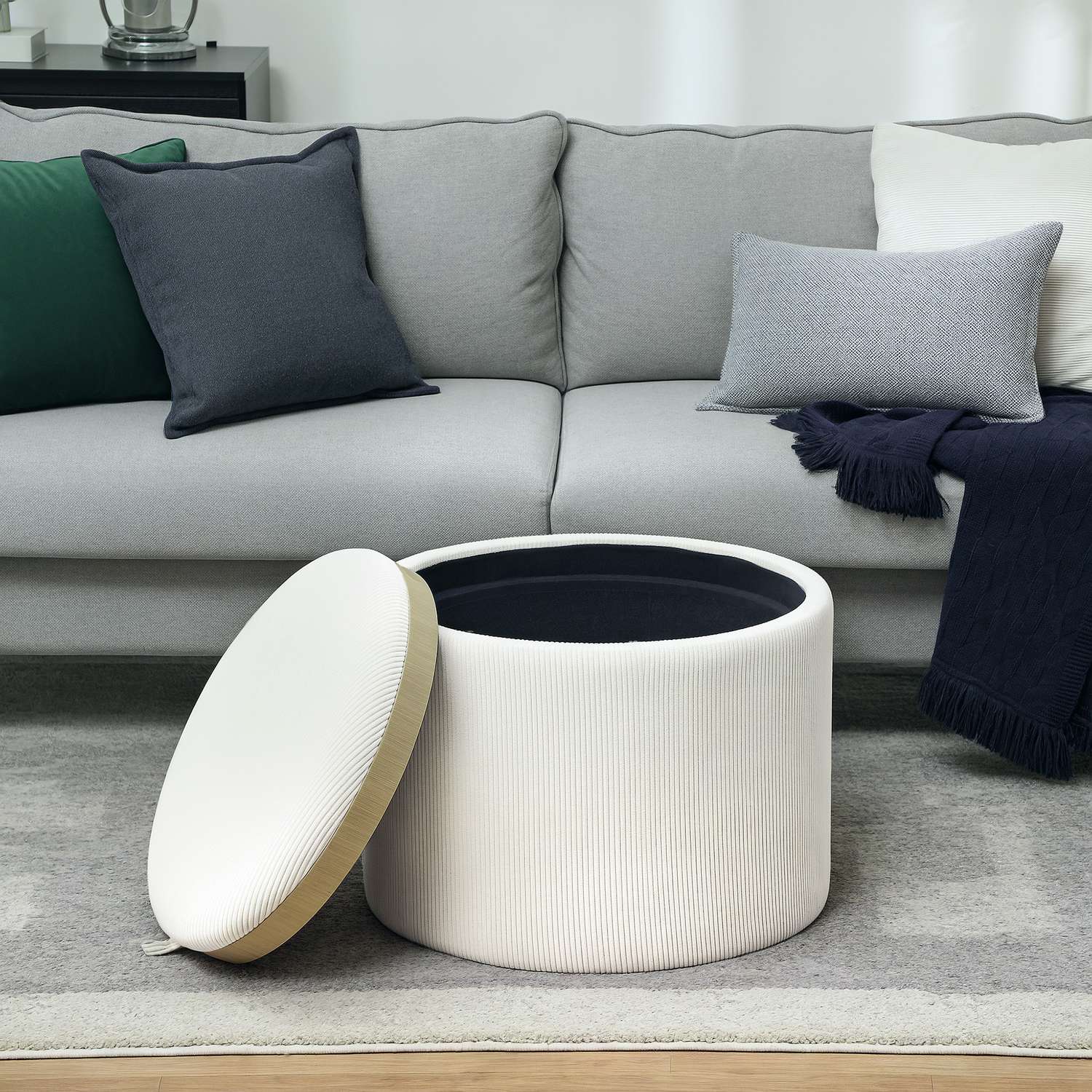 Rund stoppad förvaringspall, Gräddvit, 56x56x42 cm