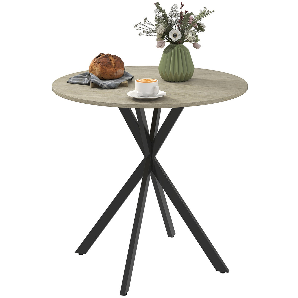 Ronde keukentafel, 80 cm, compact tafelblad, spaanplaat, metaal, wit eiken+zwart