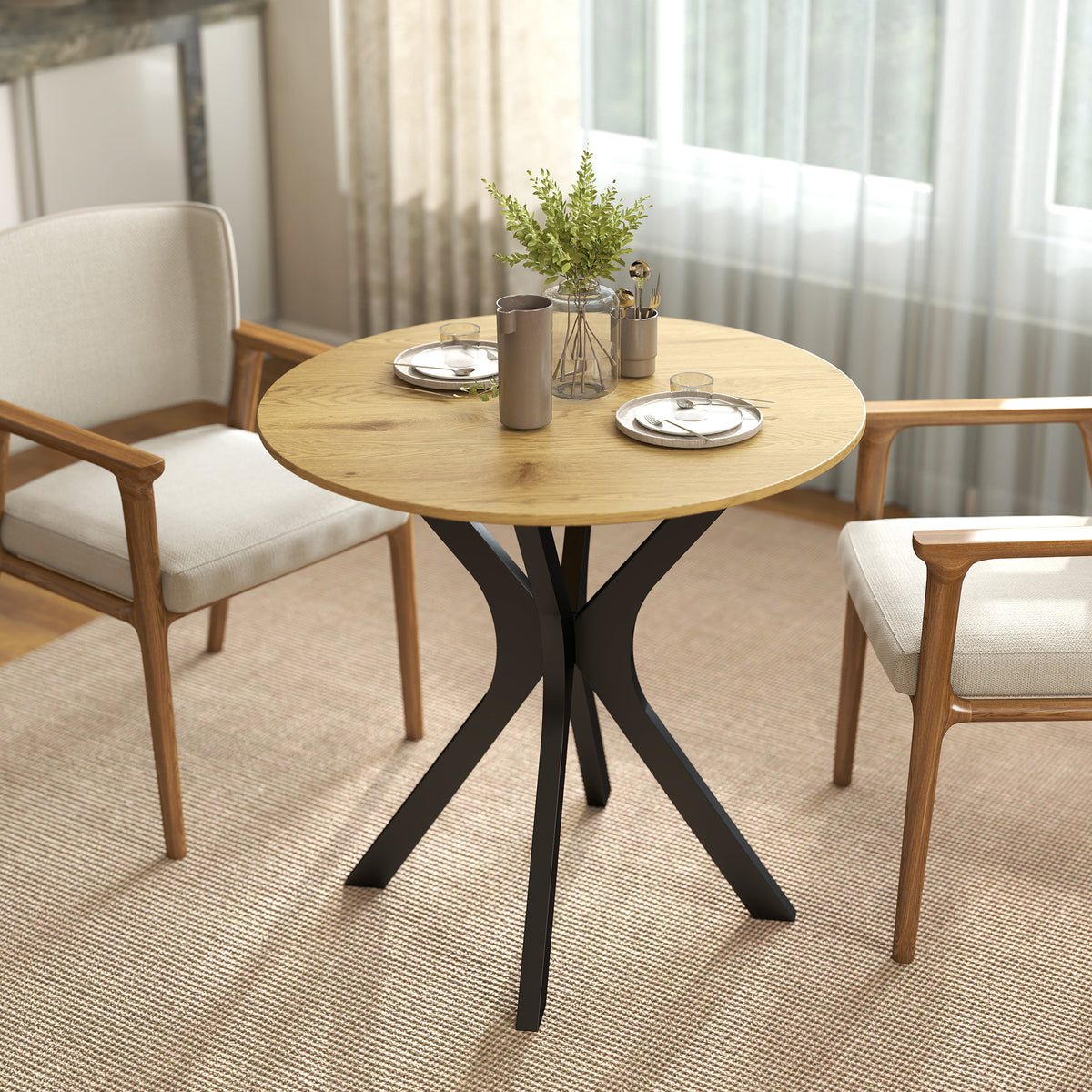Runt matbord, modern design, 78x78x75 cm, naturligt trä