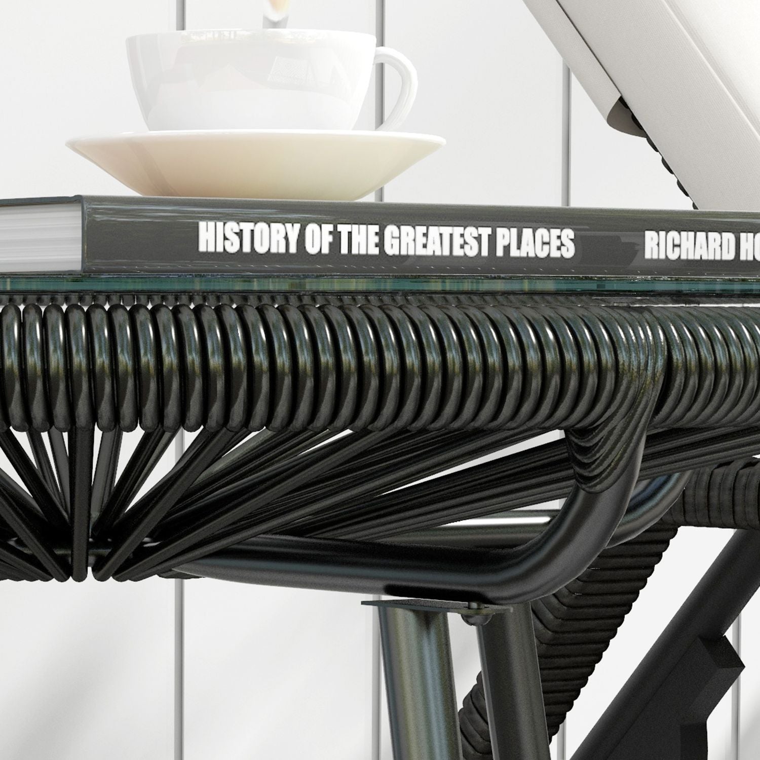 Runt soffbord i rotting, Glasskiva, Svart, 50x50x50cm