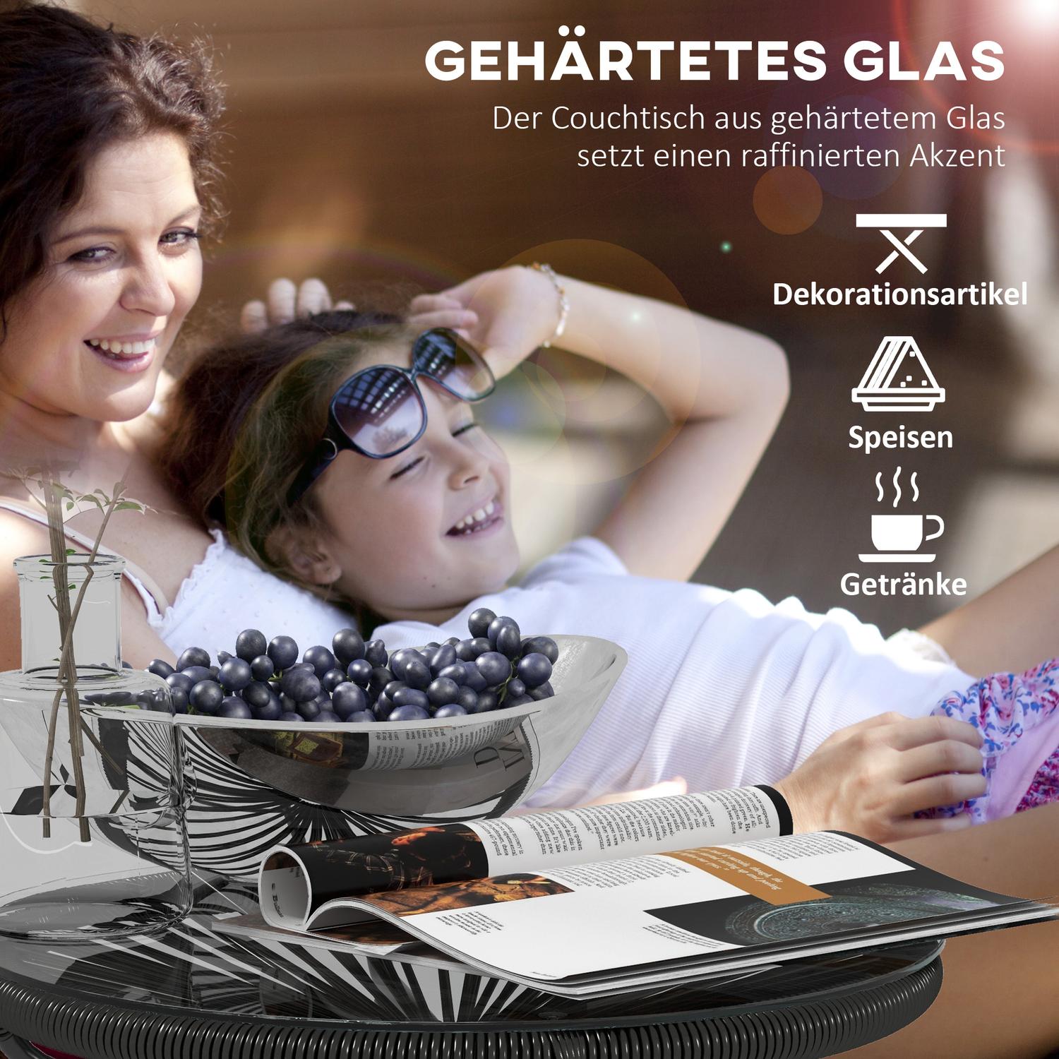 Runt soffbord i rotting, Glasskiva, Svart, 50x50x50cm