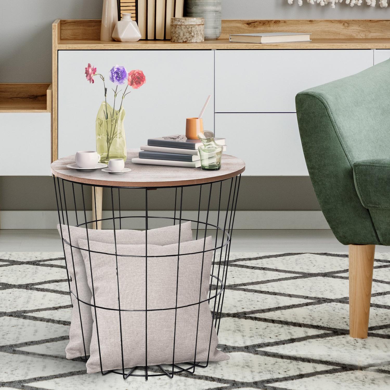 Runt soffbord med förvaring, Naturmetall MDF, Ø39,5X43Cm