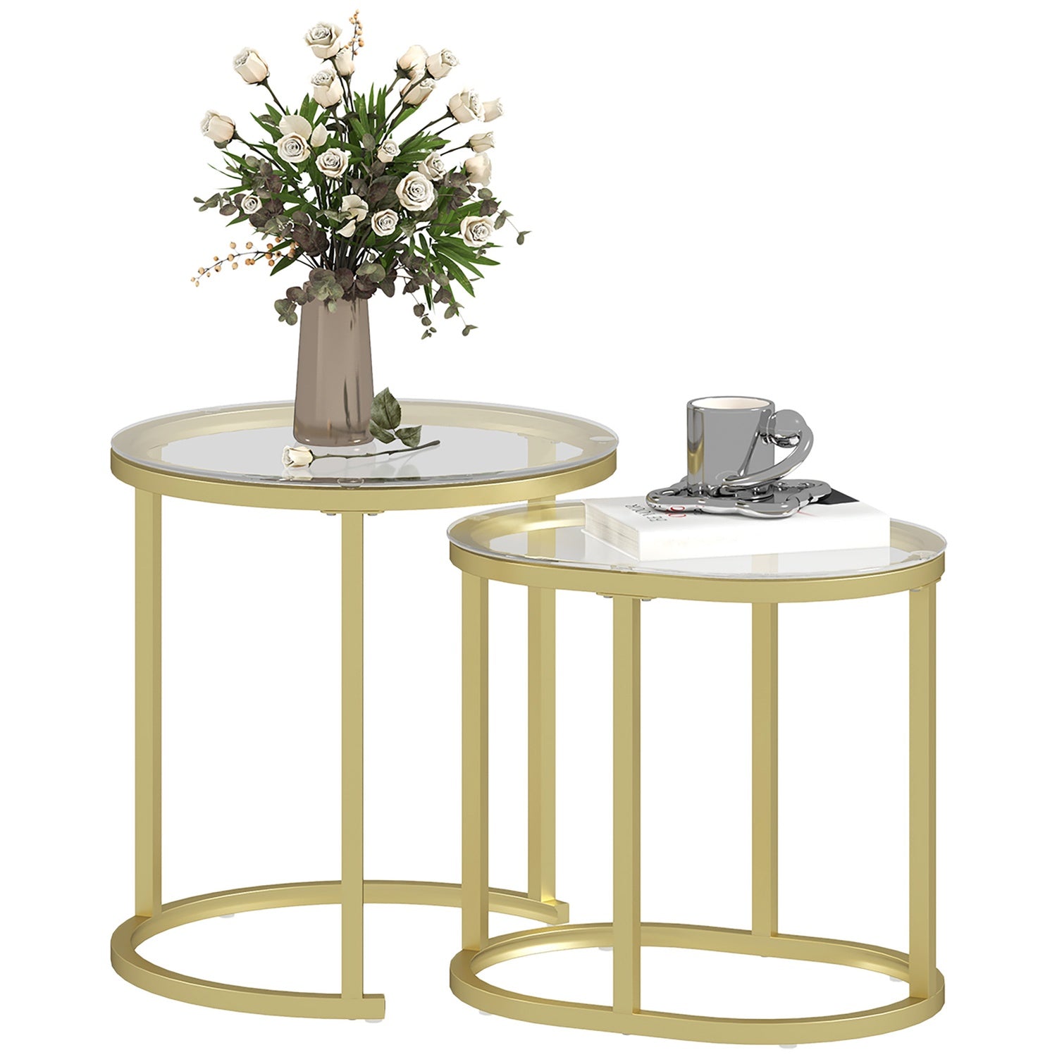 Runt soffbordsset om 2 st, stapelbar stålstomme, guld