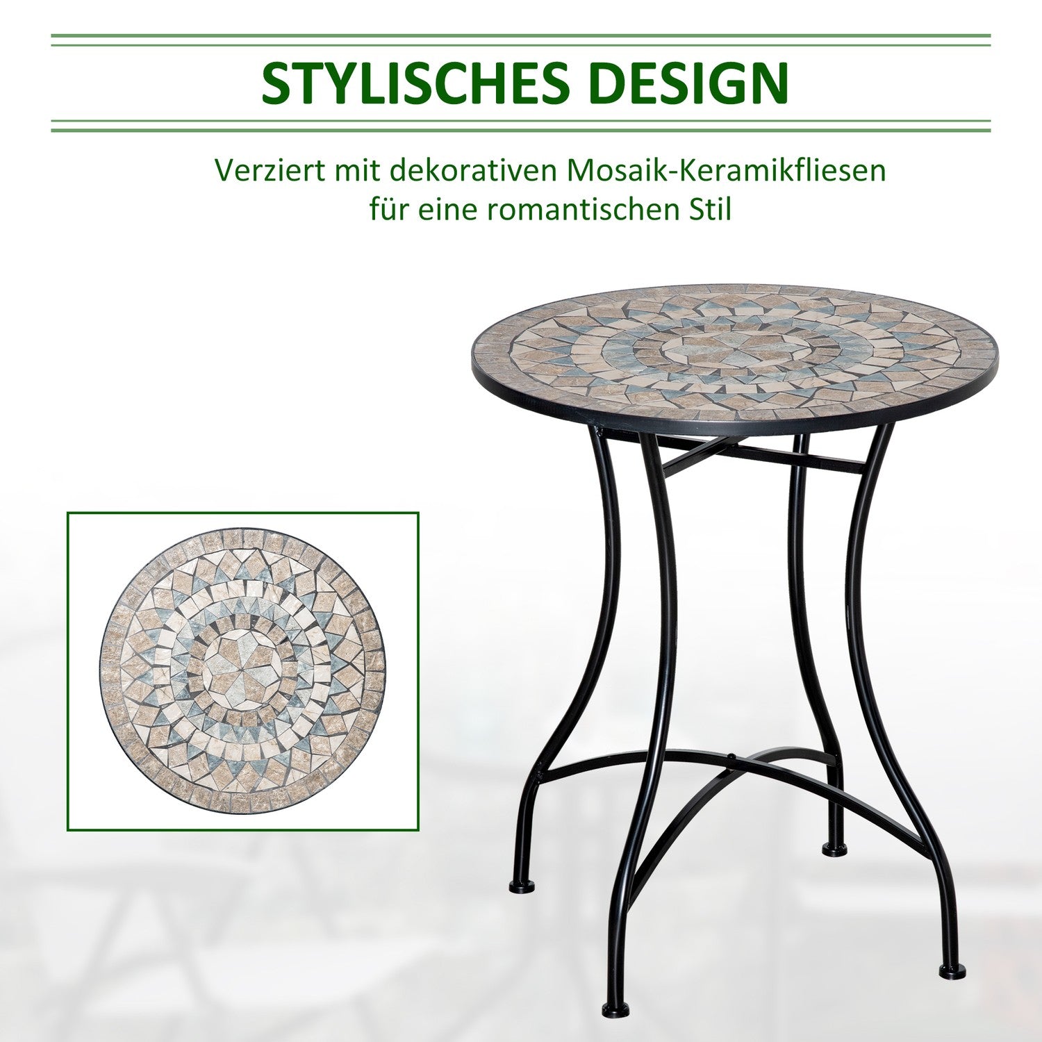 Runt trädgårdsbord i mosaik – Keramik, metall Ø60cm