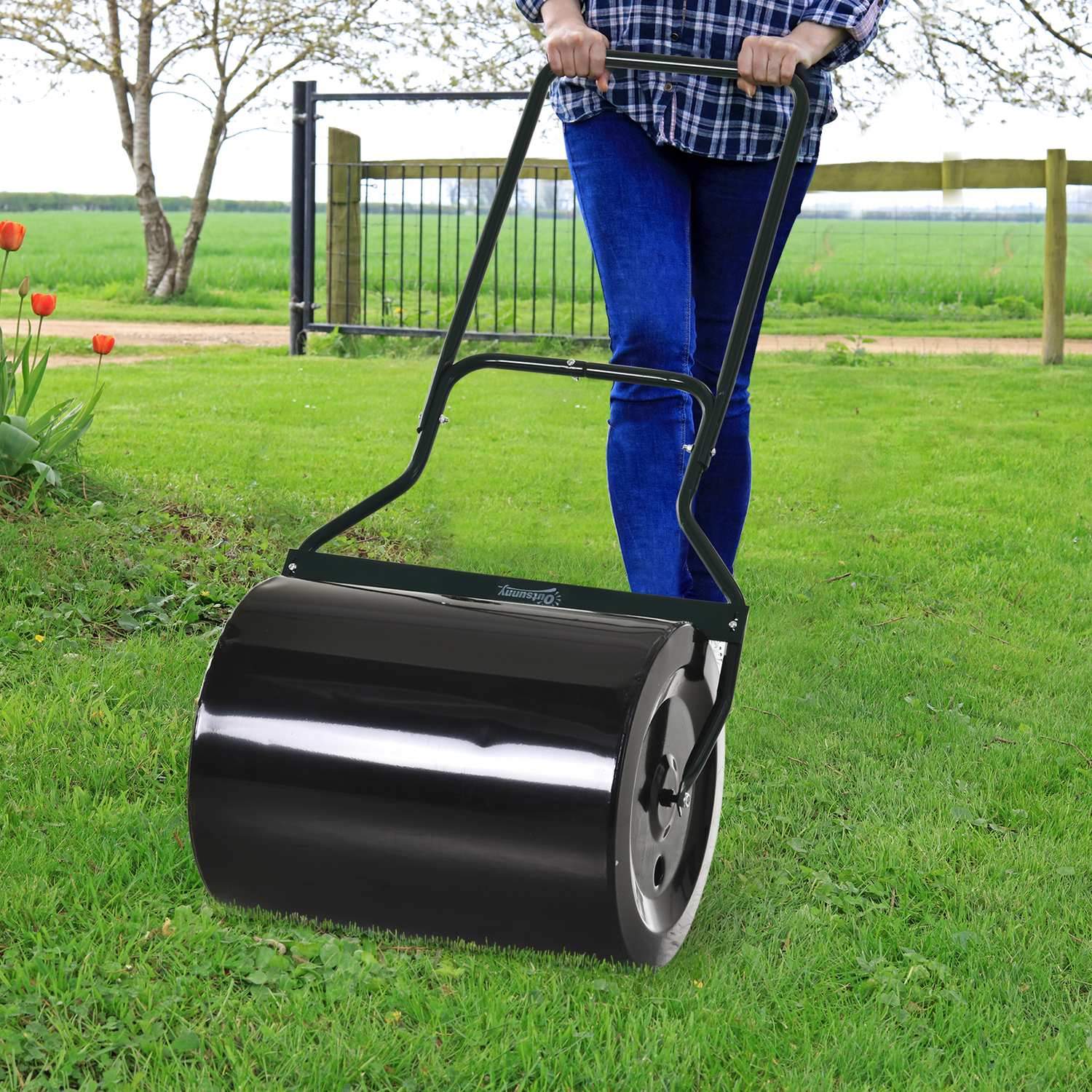 U-Handtag Lawn Roller Garden Roller 40Cm Diameter 60L Vatten/Sand Fyll Metall Svart 57 X 40 X 123Cm