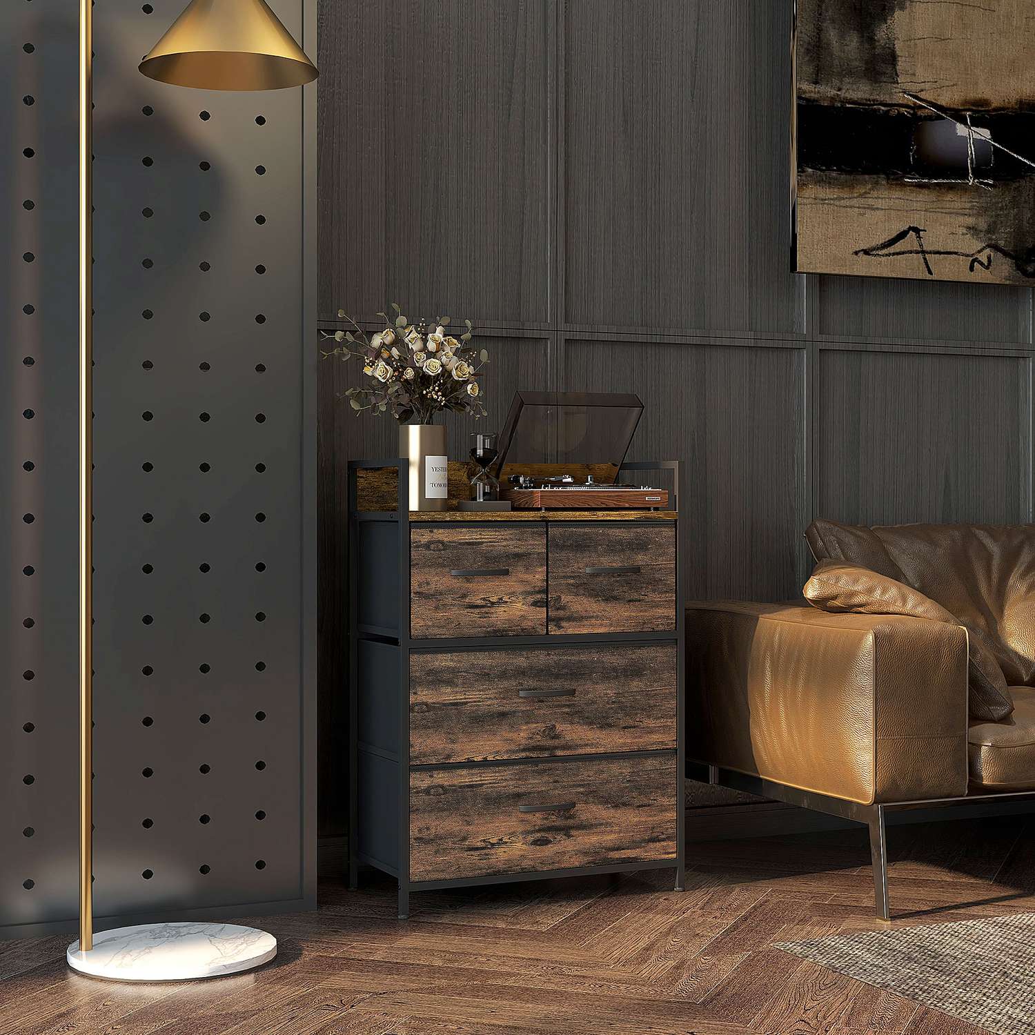 Rustik brun byrå med 4 vikbara tyglådor