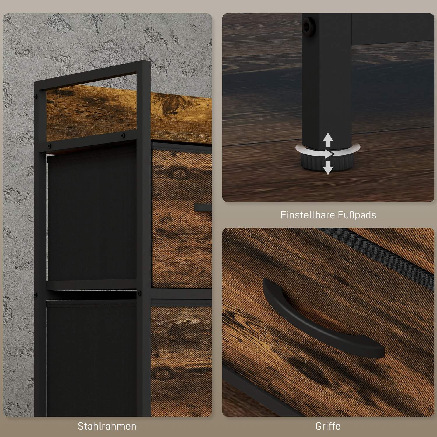 Rustik brun tygbyrå med 5 lådor – industriell förvaring