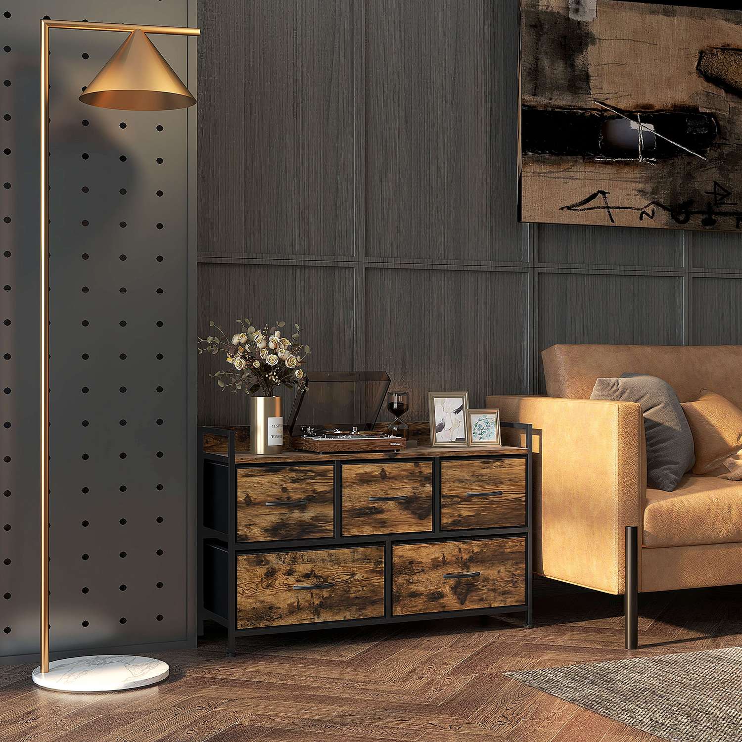 Rustik brun tygbyrå med 5 lådor – industriell förvaring