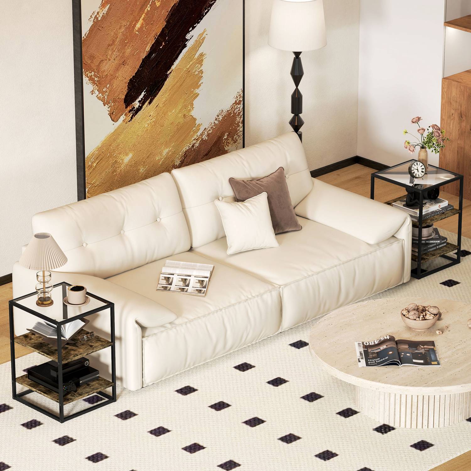 Rustikt brunt 3-vånings soffbord i glas - set om 2